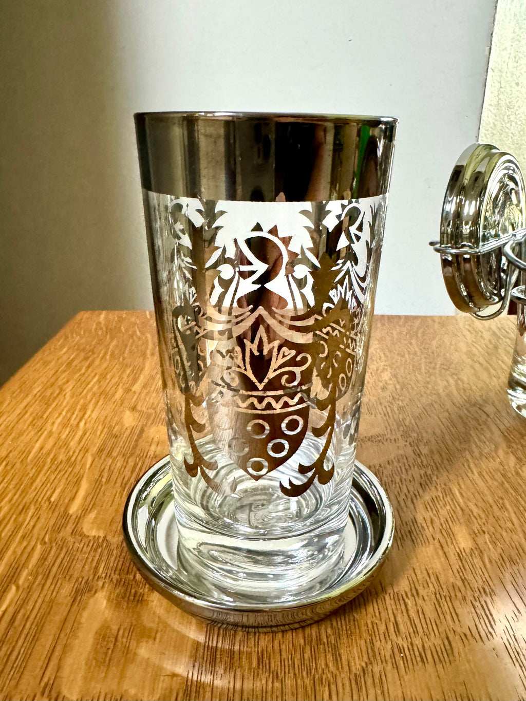 Kimiko Highball Glasses Coasters and Caddy | Mid Century Platinum Scroll Pattern Glasses By Guardian Glass | MCM Highball Glasses with Caddy