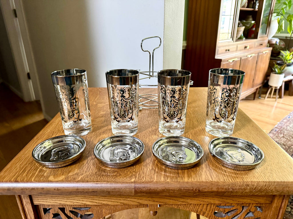 Kimiko Highball Glasses Coasters and Caddy | Mid Century Platinum Scroll Pattern Glasses By Guardian Glass | MCM Highball Glasses with Caddy