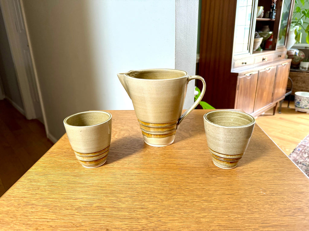Vtg Stoneware Pottery Pitcher and 2 Cups | Ceramic Pitcher and Mugs | Glazed Stoneware Drinking Set