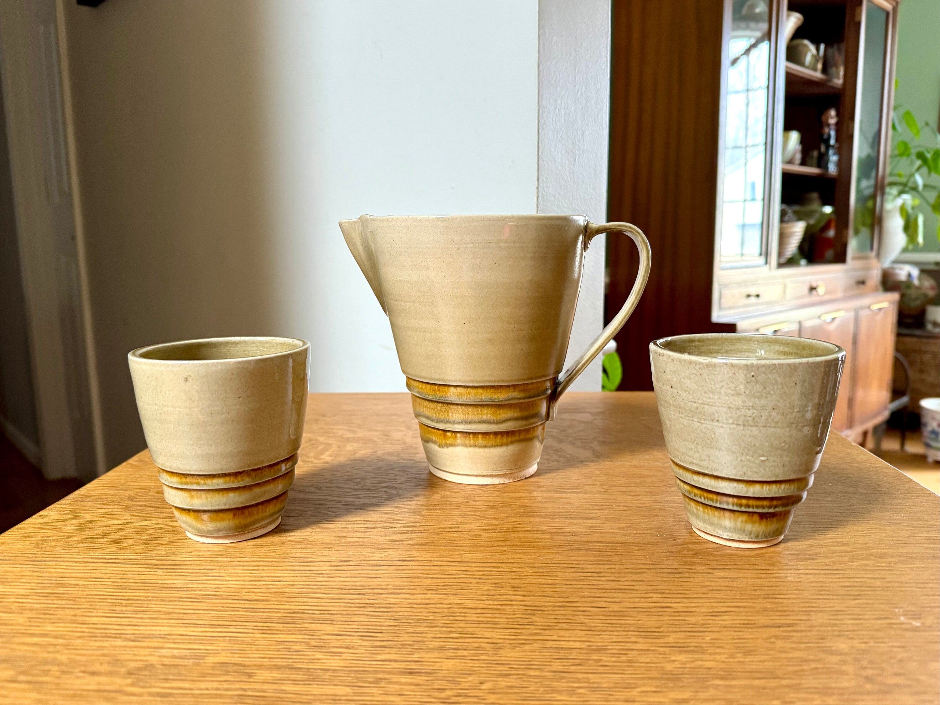 Vtg Stoneware Pottery Pitcher and 2 Cups | Ceramic Pitcher and Mugs | Glazed Stoneware Drinking Set