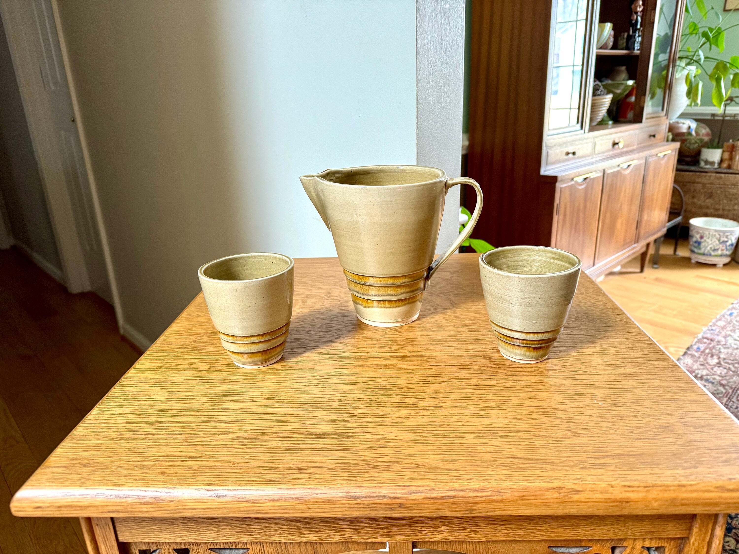 Vtg Stoneware Pottery Pitcher and 2 Cups | Ceramic Pitcher and Mugs | Glazed Stoneware Drinking Set
