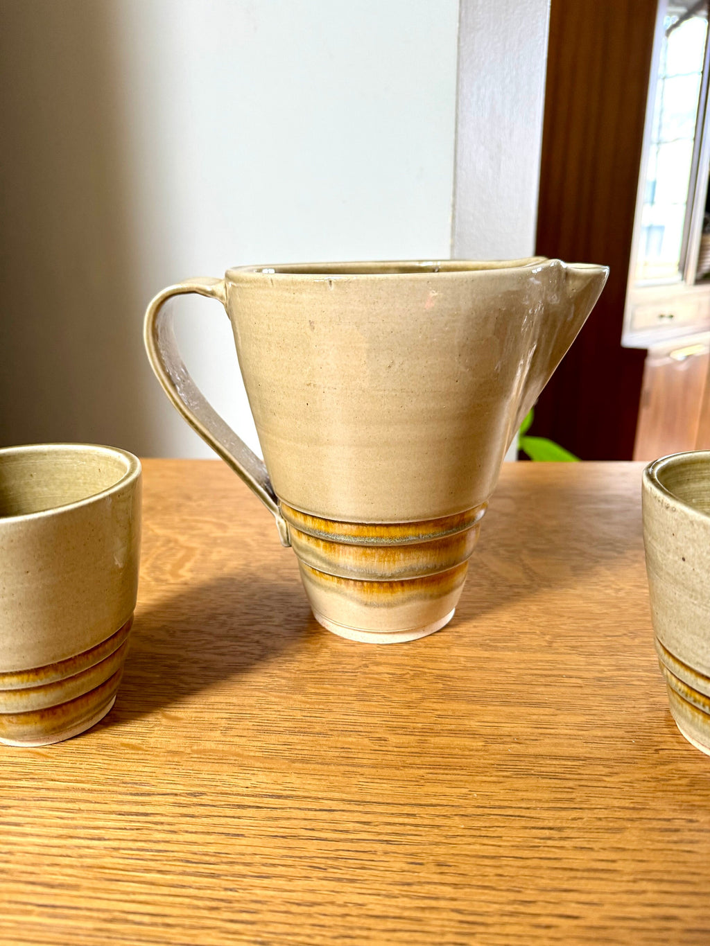 Vtg Stoneware Pottery Pitcher and 2 Cups | Ceramic Pitcher and Mugs | Glazed Stoneware Drinking Set