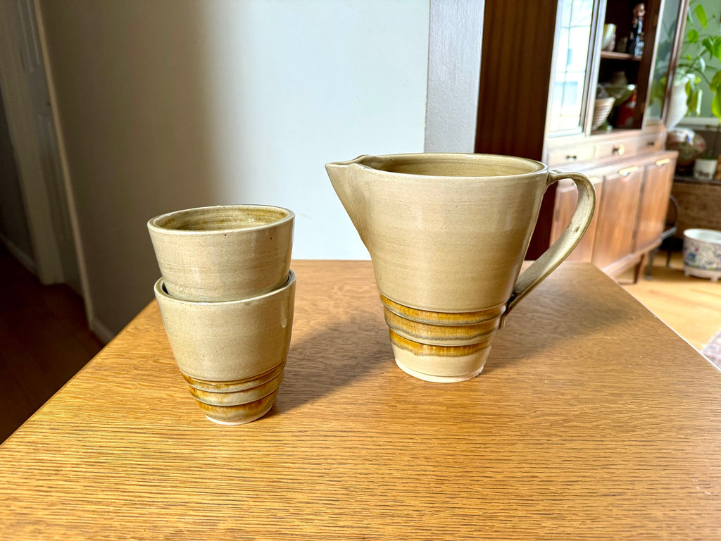 Vtg Stoneware Pottery Pitcher and 2 Cups | Ceramic Pitcher and Mugs | Glazed Stoneware Drinking Set