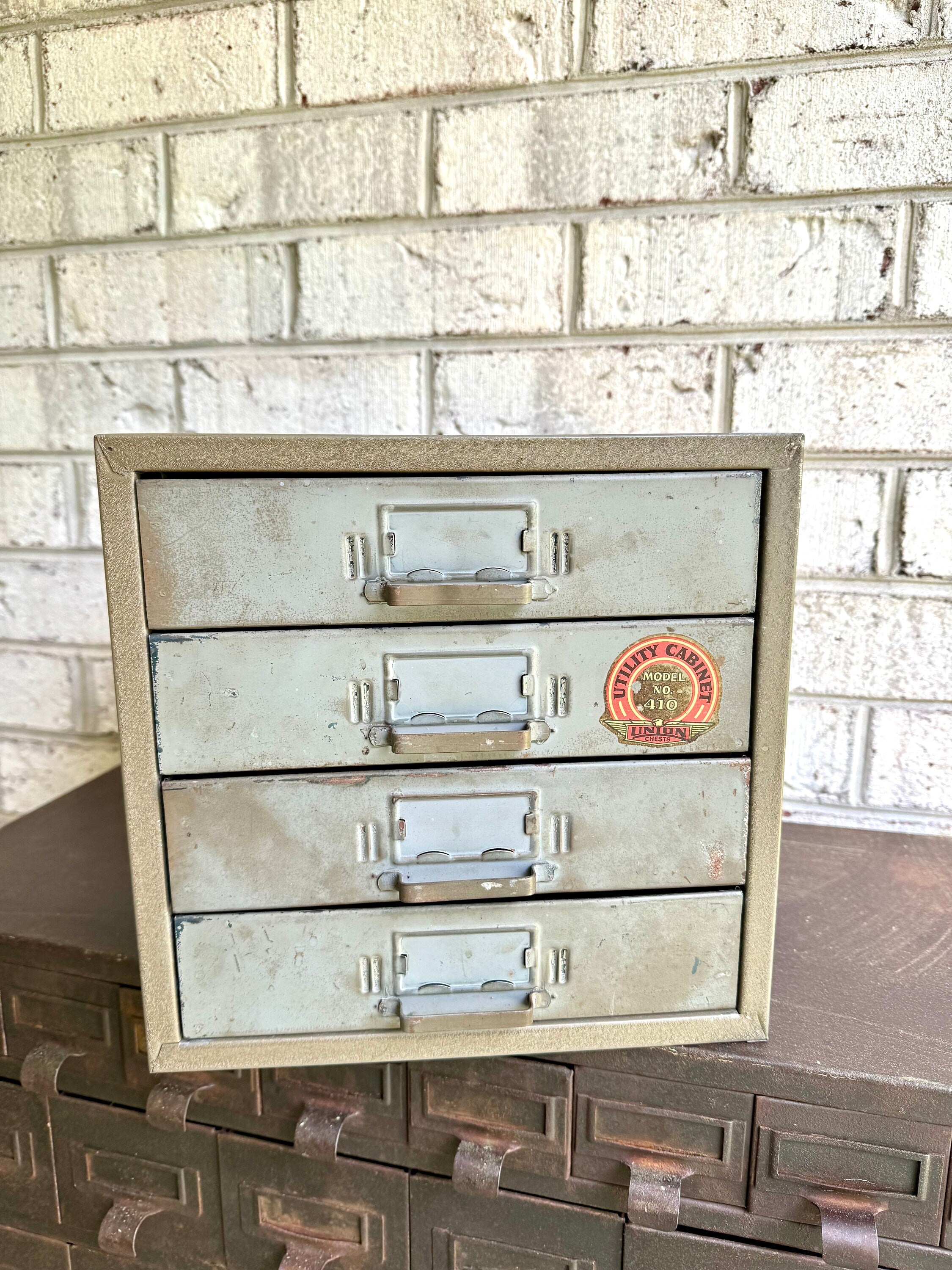 Vtg Rustic Union Cabinet | Rustic Metal 4 Drawer Desktop Organizer| Industrial Union Chest 410 | 4 Drawer Parts Bin
