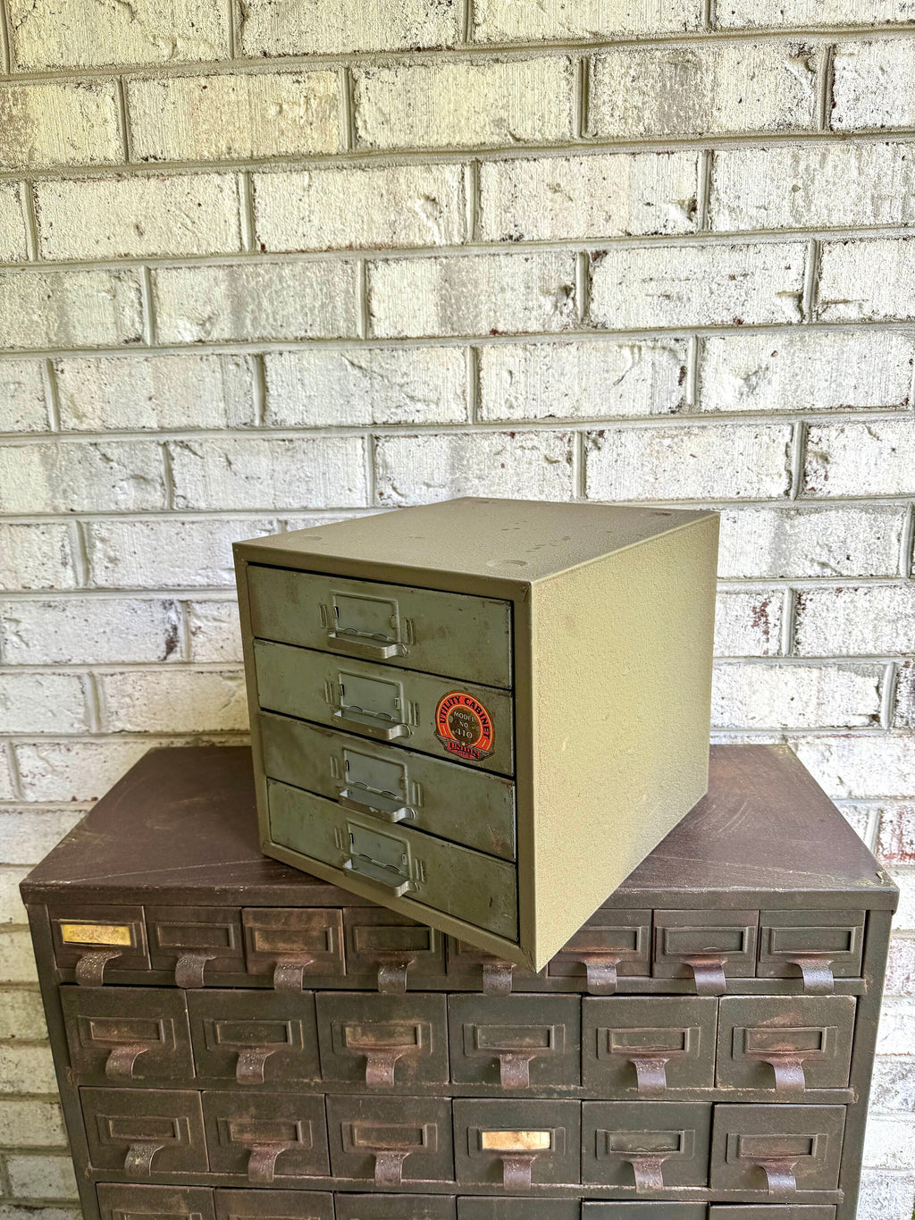 Vtg Rustic Union Cabinet | Rustic Metal 4 Drawer Desktop Organizer| Industrial Union Chest 410 | 4 Drawer Parts Bin