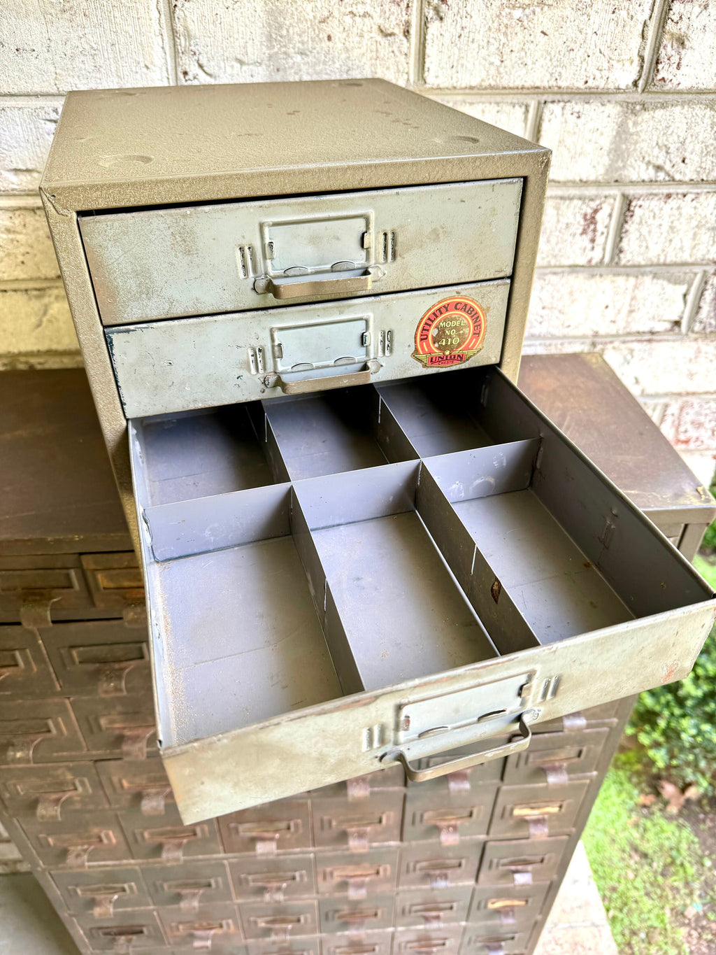 Vtg Rustic Union Cabinet | Rustic Metal 4 Drawer Desktop Organizer| Industrial Union Chest 410 | 4 Drawer Parts Bin
