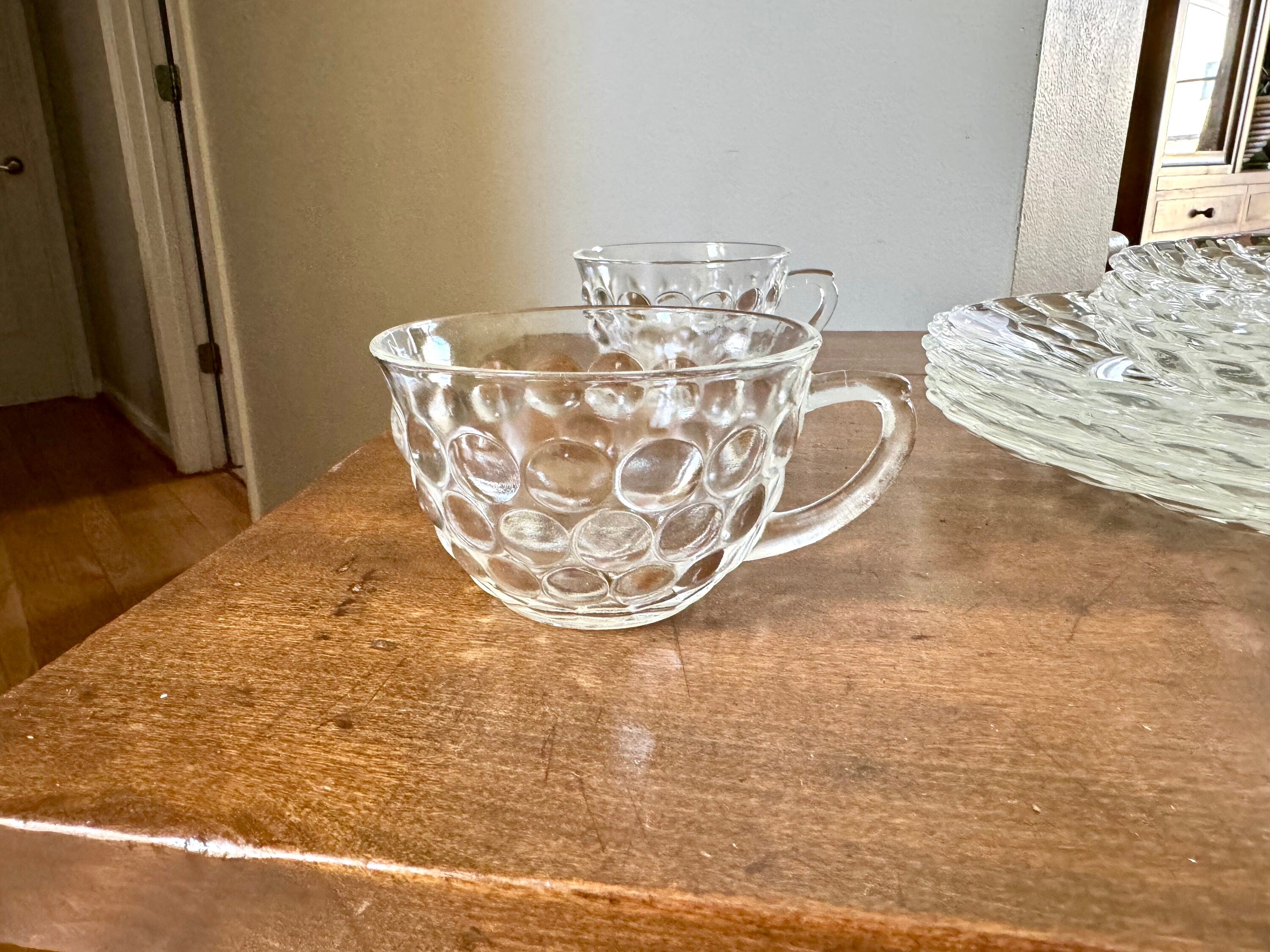 Vtg Set of Anchor Hocking Bubble Glass | Anchor Hocking Bubble Glass Cups, Saucers and Plates | Clear Set of 12 Bubble Serving Dishes
