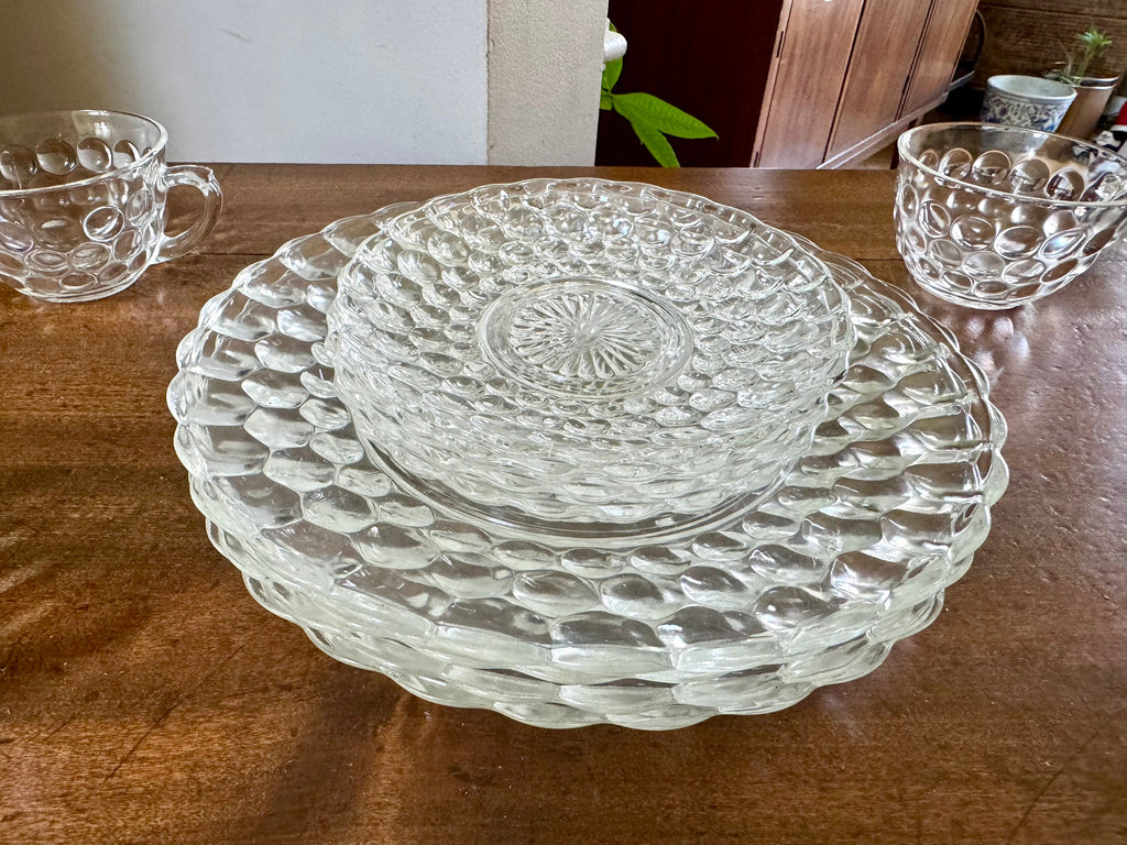 Vtg Set of Anchor Hocking Bubble Glass | Anchor Hocking Bubble Glass Cups, Saucers and Plates | Clear Set of 12 Bubble Serving Dishes