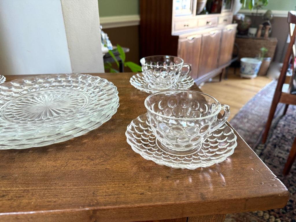 Vtg Set of Anchor Hocking Bubble Glass | Anchor Hocking Bubble Glass Cups, Saucers and Plates | Clear Set of 12 Bubble Serving Dishes
