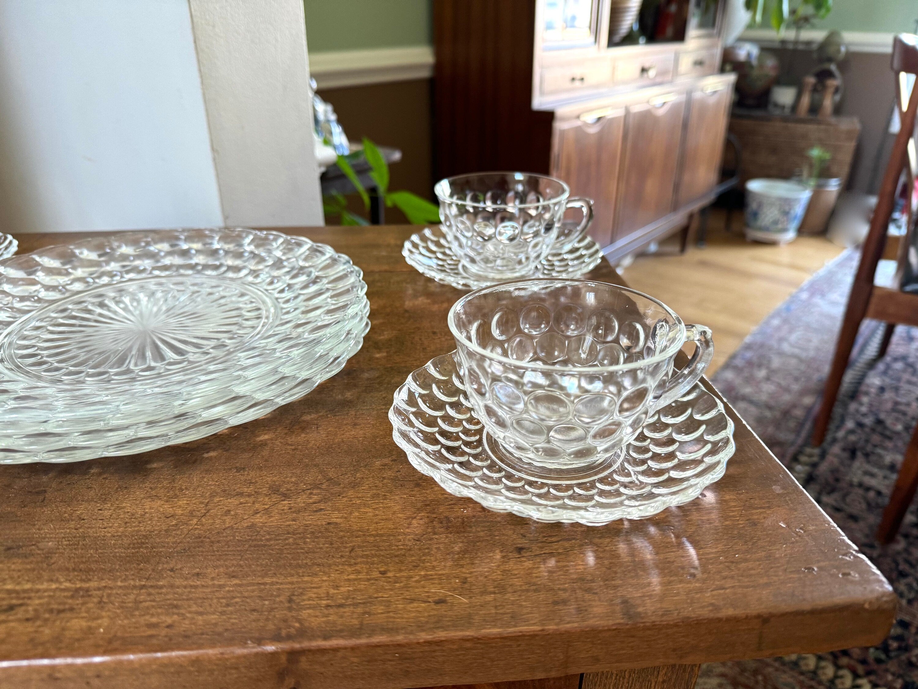 Vtg Set of Anchor Hocking Bubble Glass | Anchor Hocking Bubble Glass Cups, Saucers and Plates | Clear Set of 12 Bubble Serving Dishes