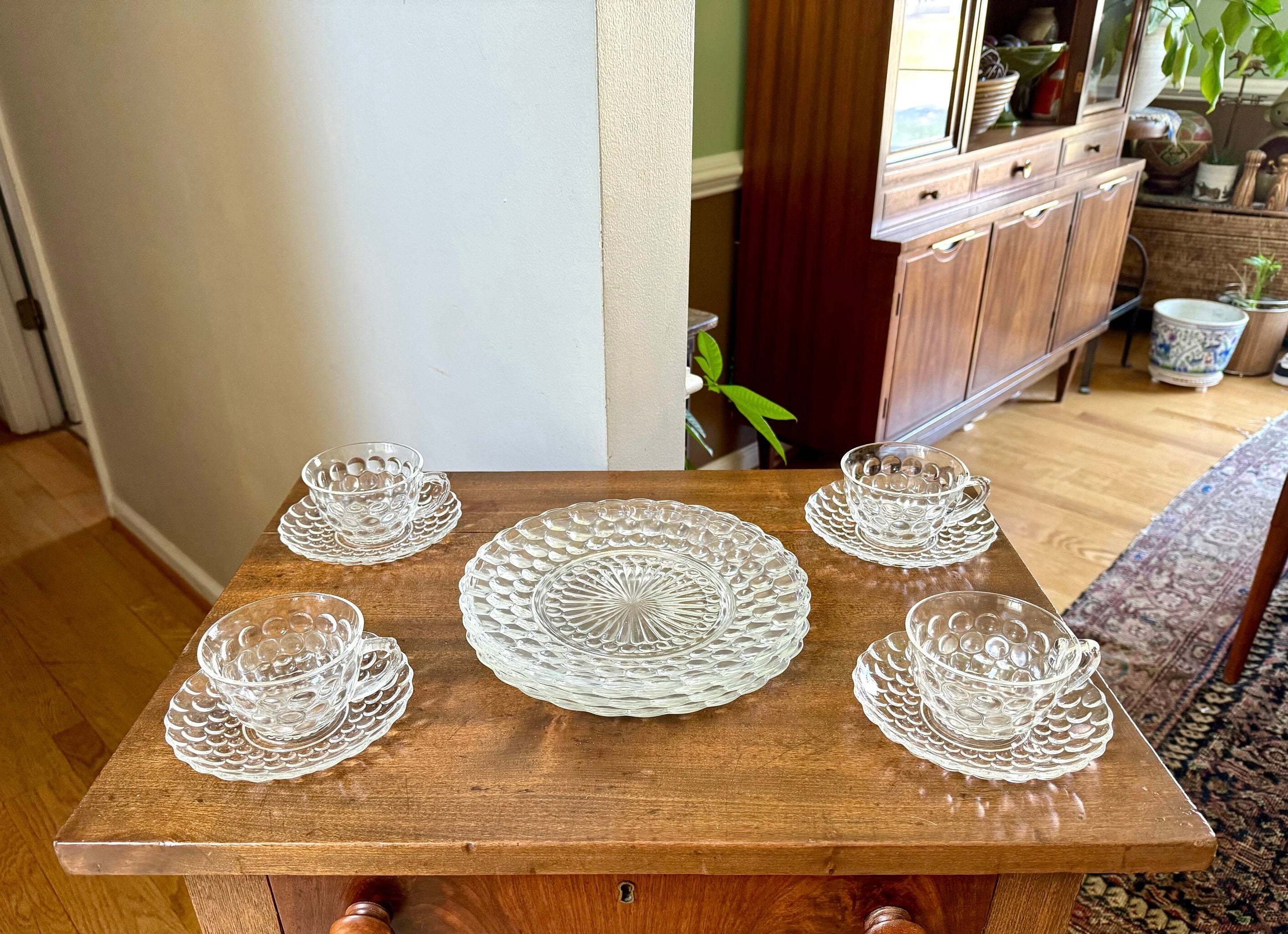 Vtg Set of Anchor Hocking Bubble Glass | Anchor Hocking Bubble Glass Cups, Saucers and Plates | Clear Set of 12 Bubble Serving Dishes