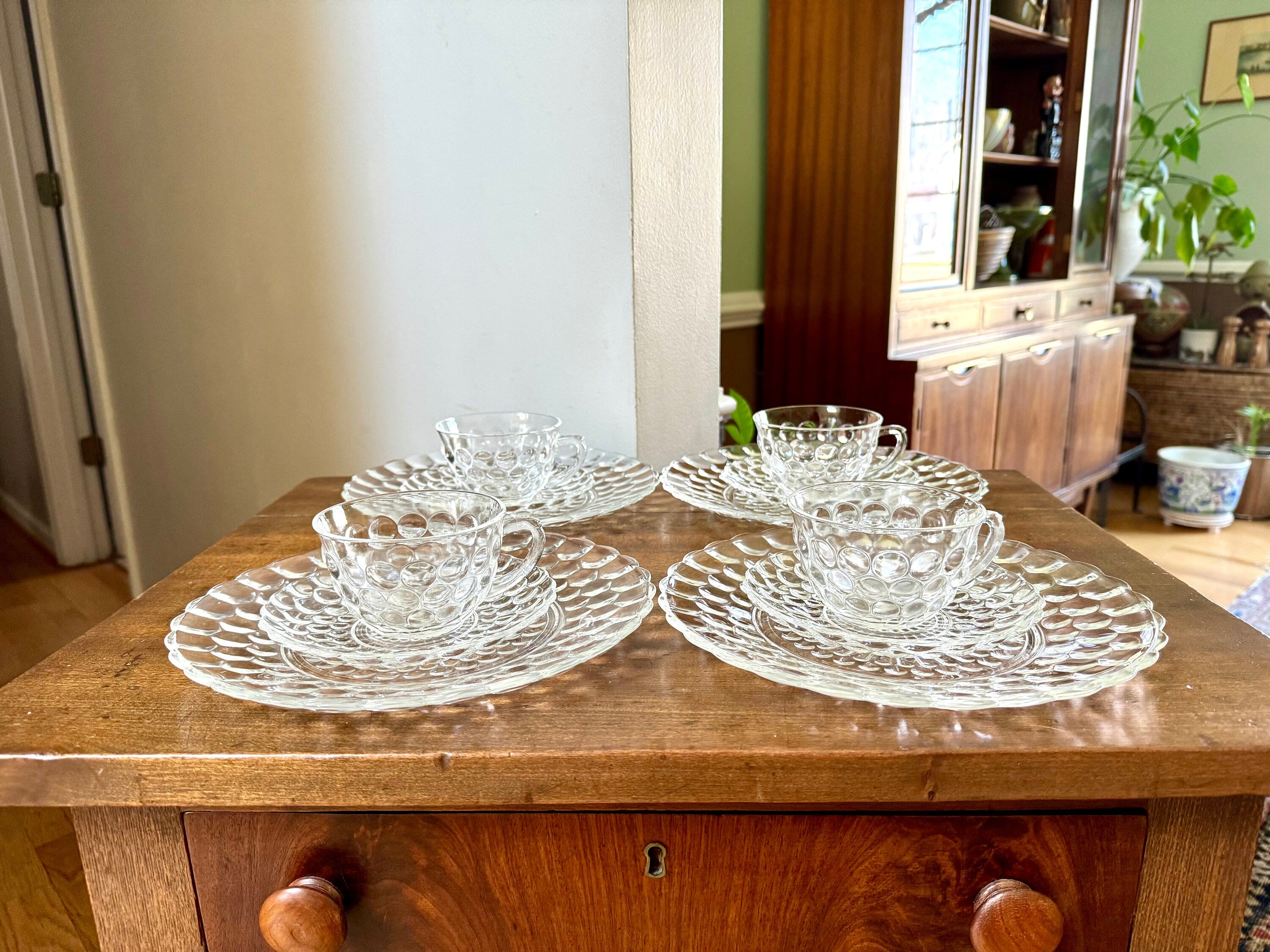 Vtg Set of Anchor Hocking Bubble Glass | Anchor Hocking Bubble Glass Cups, Saucers and Plates | Clear Set of 12 Bubble Serving Dishes