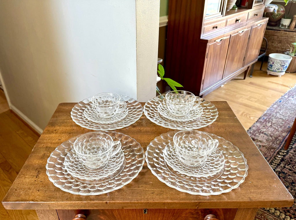 Vtg Set of Anchor Hocking Bubble Glass | Anchor Hocking Bubble Glass Cups, Saucers and Plates | Clear Set of 12 Bubble Serving Dishes