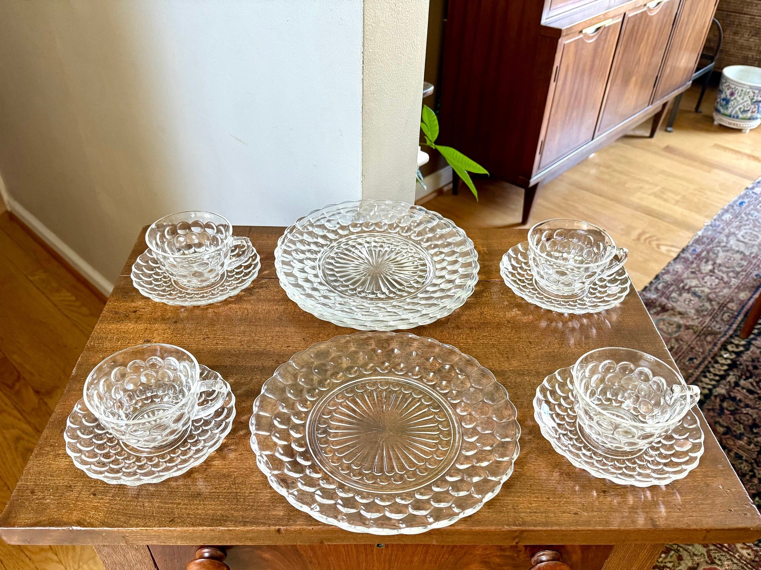 Vtg Set of Anchor Hocking Bubble Glass | Anchor Hocking Bubble Glass Cups, Saucers and Plates | Clear Set of 12 Bubble Serving Dishes