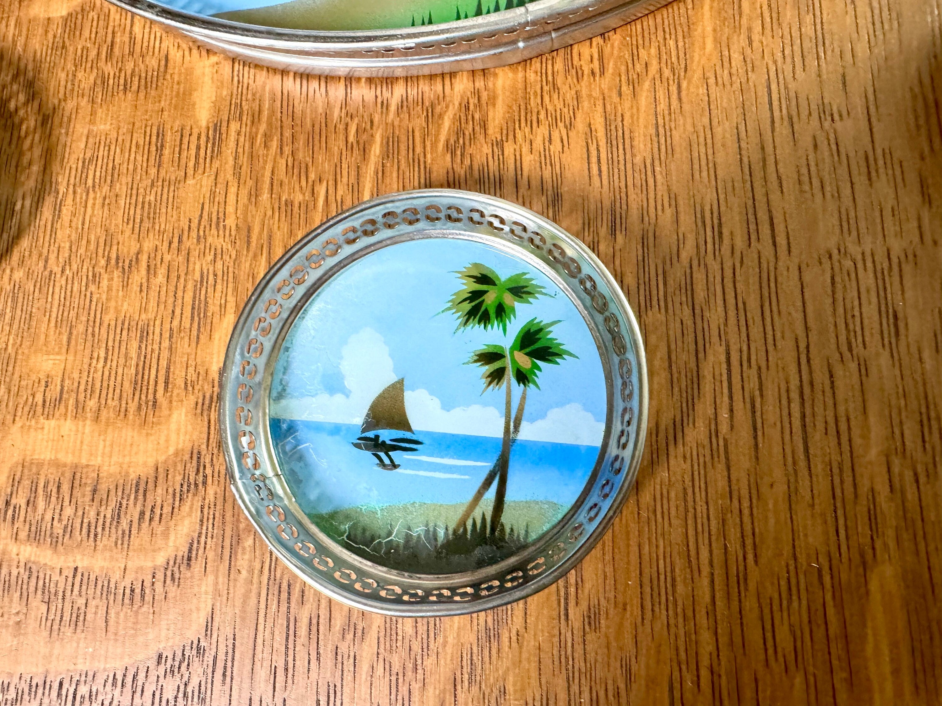 Vtg Metal Reverse Hand Painted Coastal Tray and Coasters | Island Decor Serving Tray and Coasters | Coastal Barware | Coastal Decor
