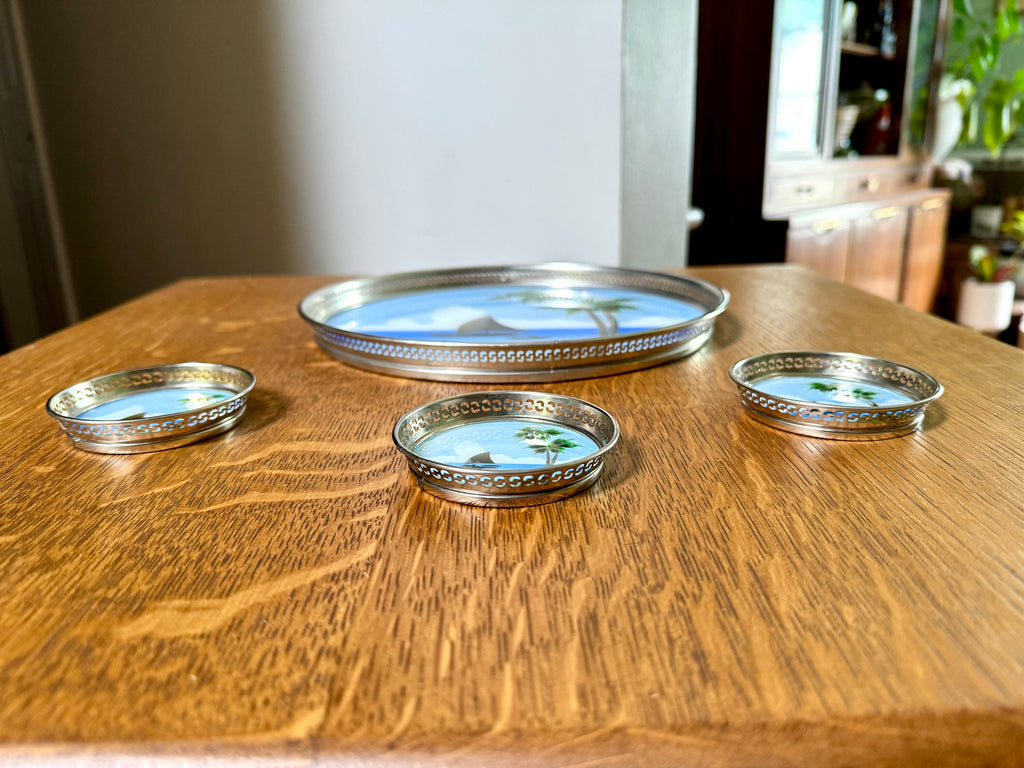 Vtg Metal Reverse Hand Painted Coastal Tray and Coasters | Island Decor Serving Tray and Coasters | Coastal Barware | Coastal Decor