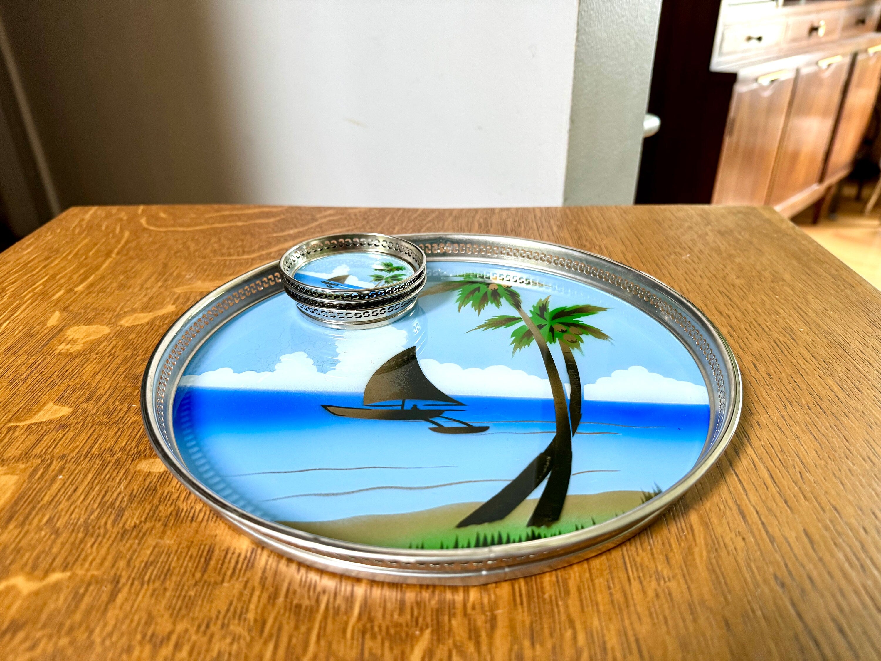 Vtg Metal Reverse Hand Painted Coastal Tray and Coasters | Island Decor Serving Tray and Coasters | Coastal Barware | Coastal Decor