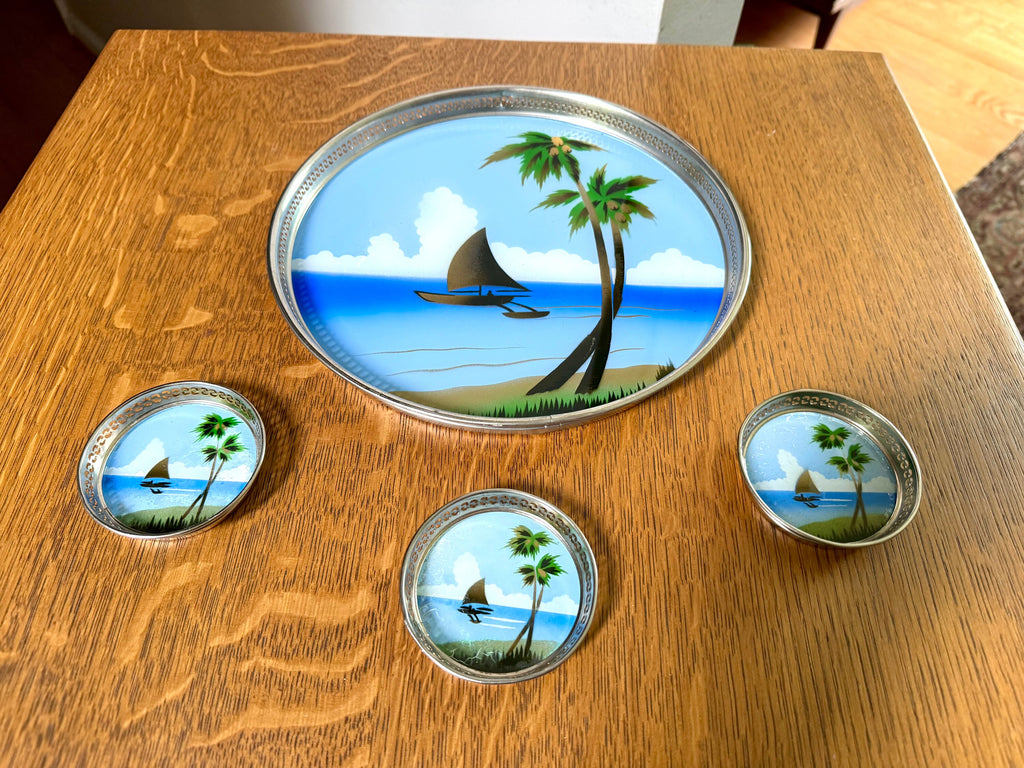 Vtg Metal Reverse Hand Painted Coastal Tray and Coasters | Island Decor Serving Tray and Coasters | Coastal Barware | Coastal Decor