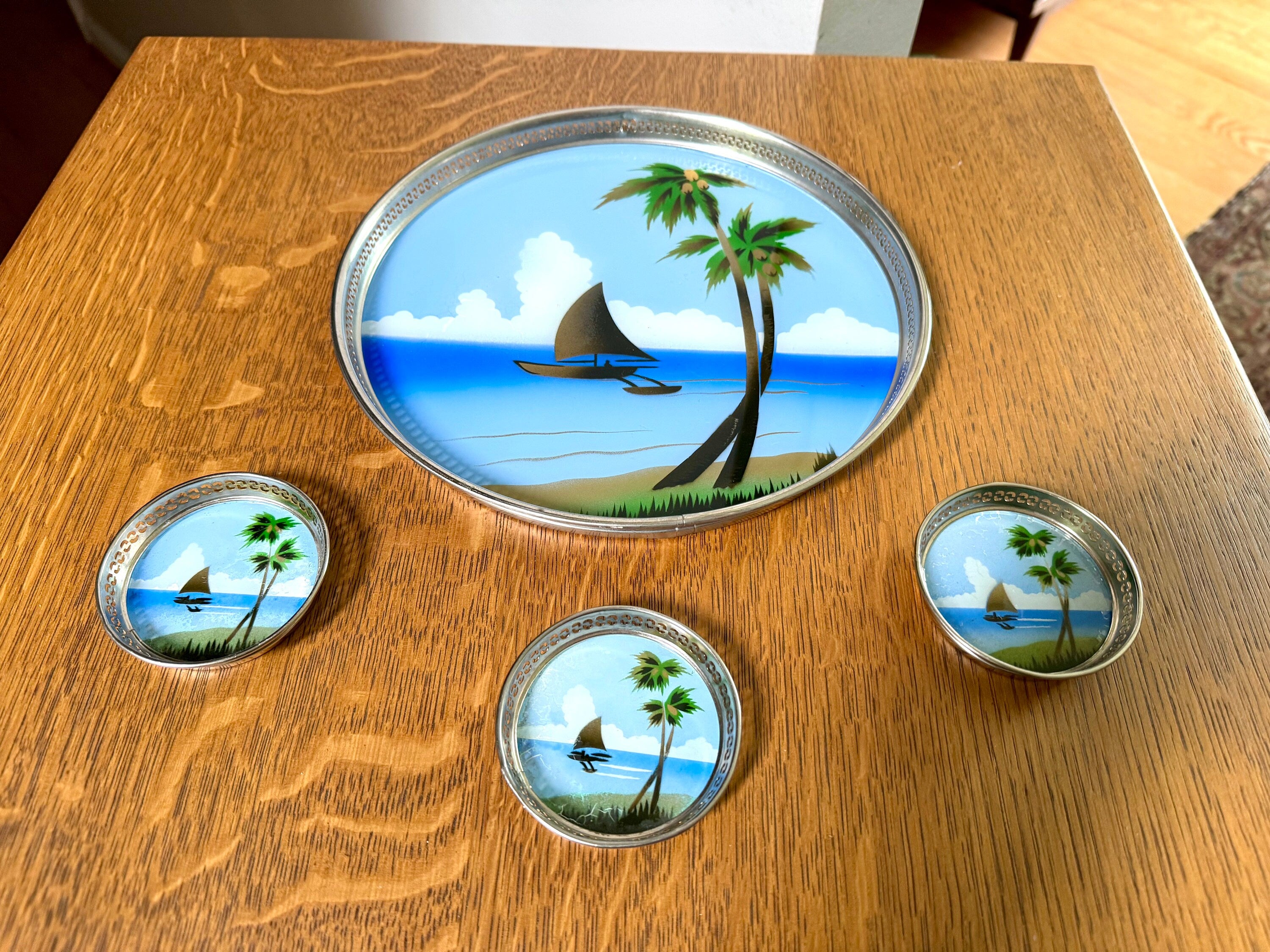 Vtg Metal Reverse Hand Painted Coastal Tray and Coasters | Island Decor Serving Tray and Coasters | Coastal Barware | Coastal Decor