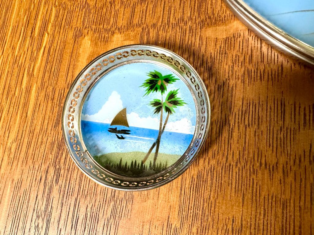 Vtg Metal Reverse Hand Painted Coastal Tray and Coasters | Island Decor Serving Tray and Coasters | Coastal Barware | Coastal Decor
