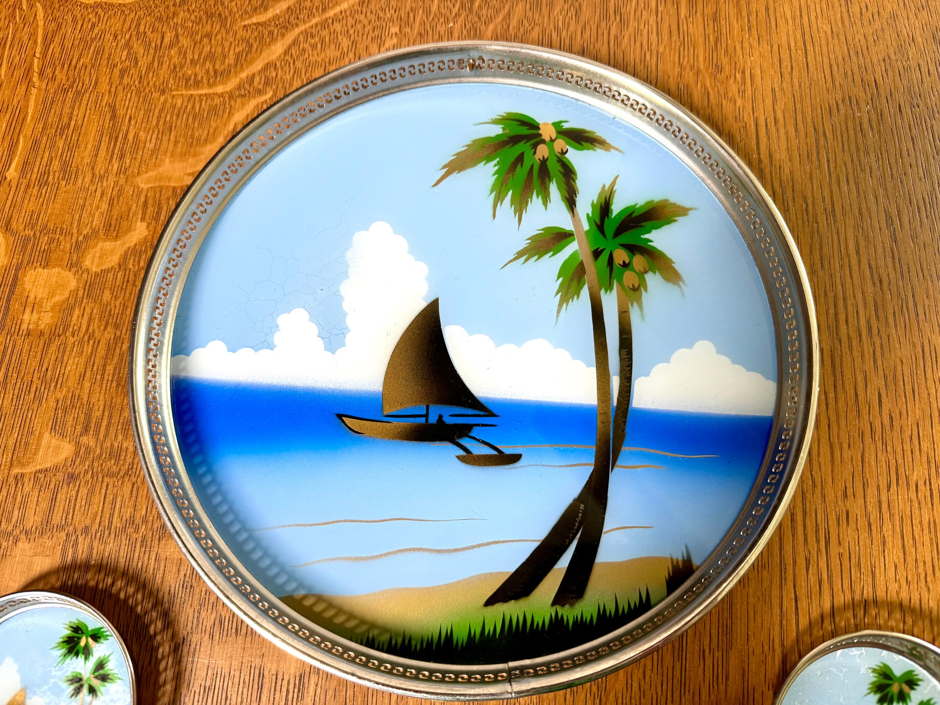 Vtg Metal Reverse Hand Painted Coastal Tray and Coasters | Island Decor Serving Tray and Coasters | Coastal Barware | Coastal Decor