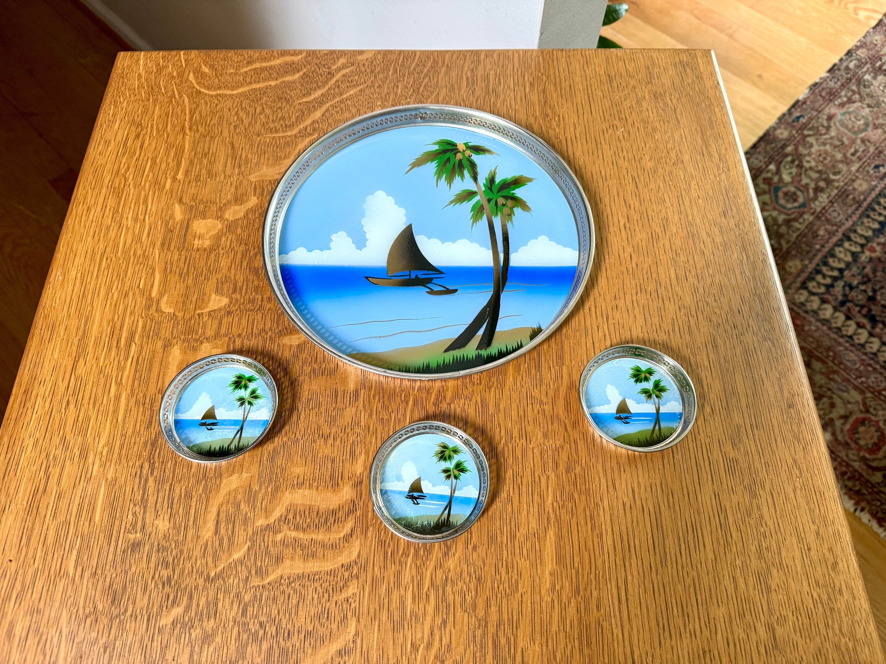 Vtg Metal Reverse Hand Painted Coastal Tray and Coasters | Island Decor Serving Tray and Coasters | Coastal Barware | Coastal Decor
