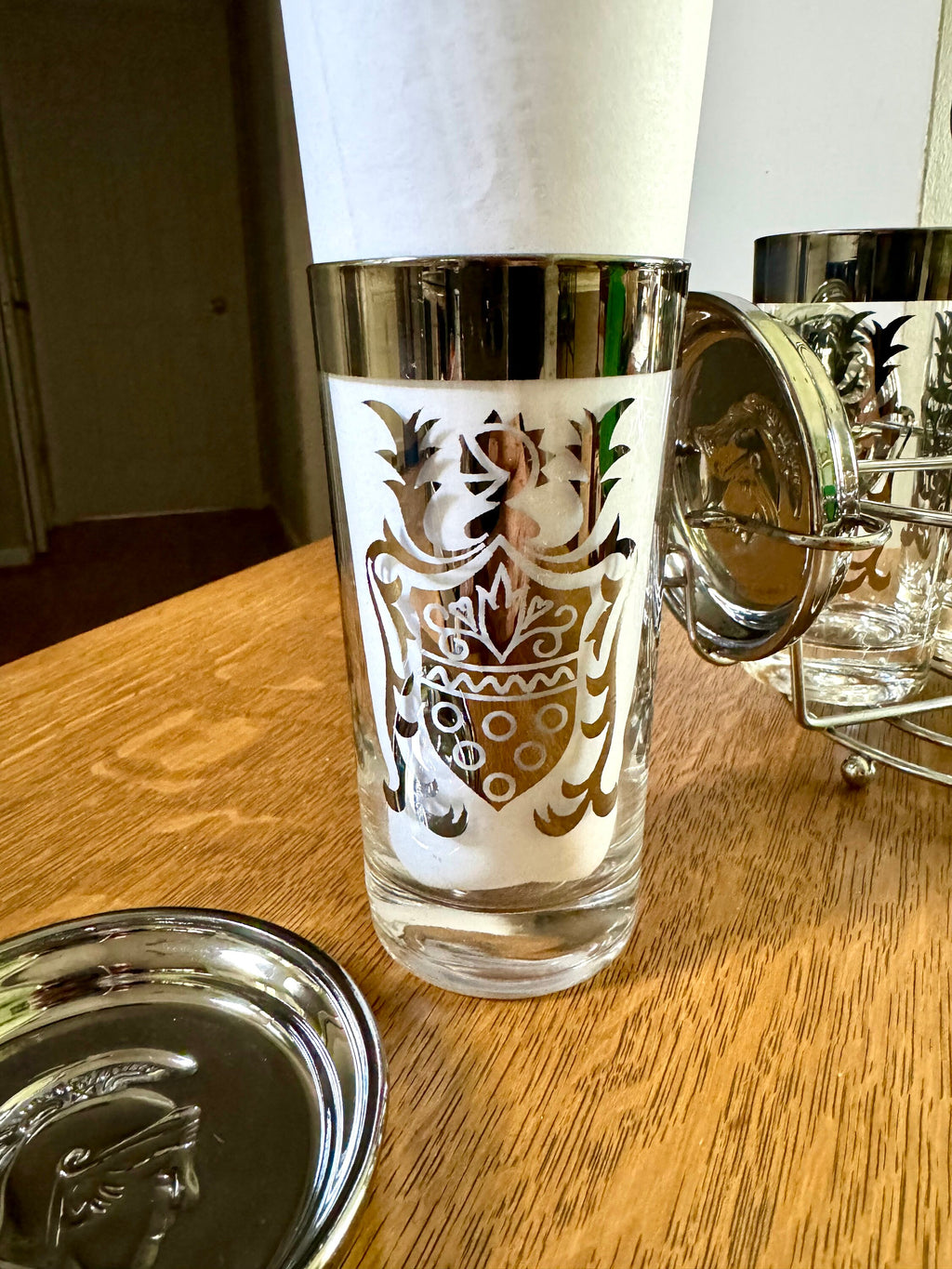 Kimiko Highball Glasses Coasters and Caddy | Mid Century Platinum Scroll Pattern Glasses By Guardian Glass | MCM Highball Glasses with Caddy
