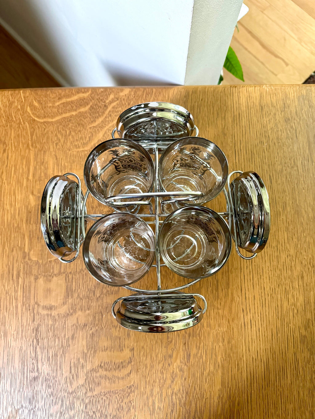 Kimiko Highball Glasses Coasters and Caddy | Mid Century Platinum Scroll Pattern Glasses By Guardian Glass | MCM Highball Glasses with Caddy