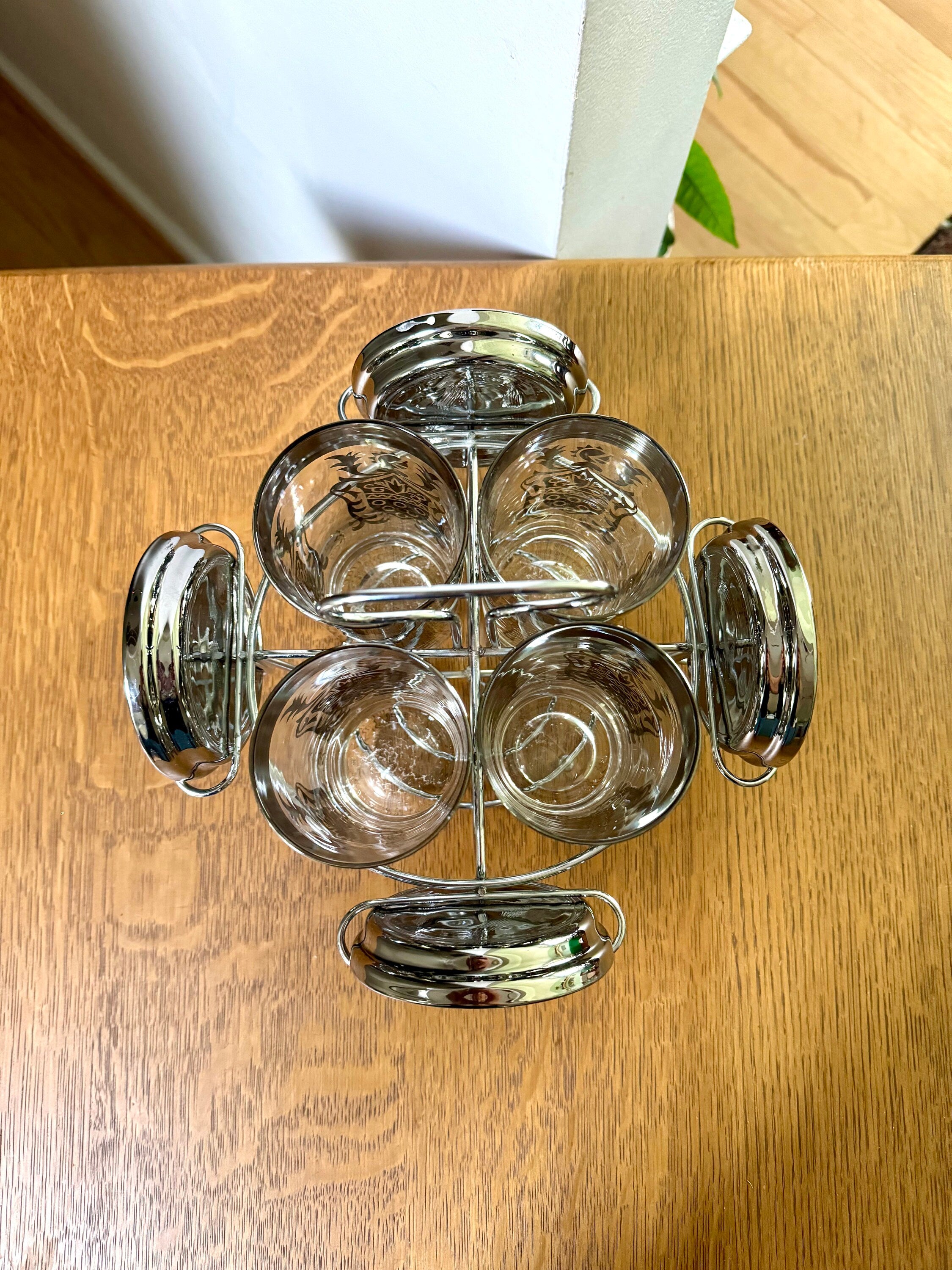 Kimiko Highball Glasses Coasters and Caddy | Mid Century Platinum Scroll Pattern Glasses By Guardian Glass | MCM Highball Glasses with Caddy