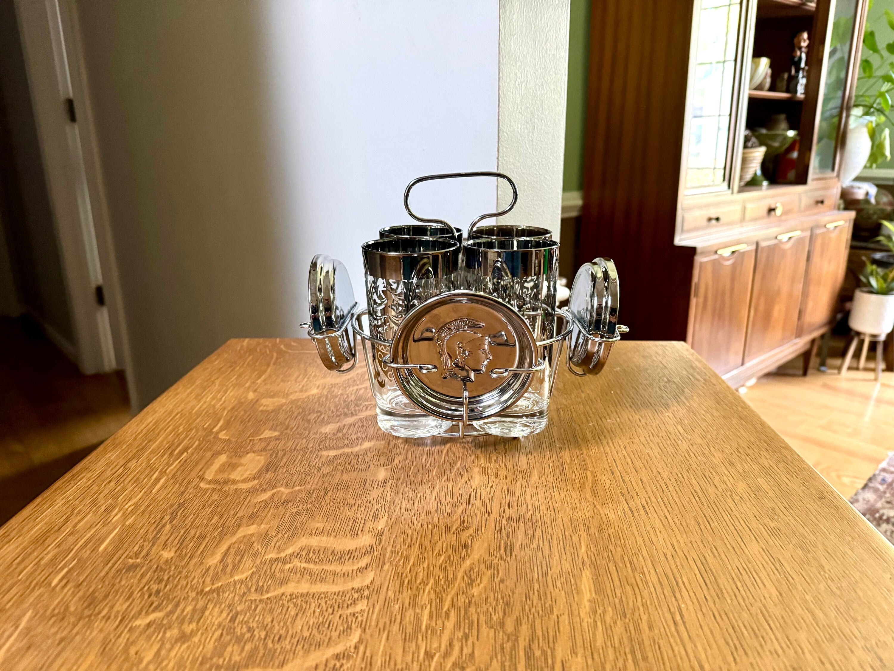 Kimiko Highball Glasses Coasters and Caddy | Mid Century Platinum Scroll Pattern Glasses By Guardian Glass | MCM Highball Glasses with Caddy