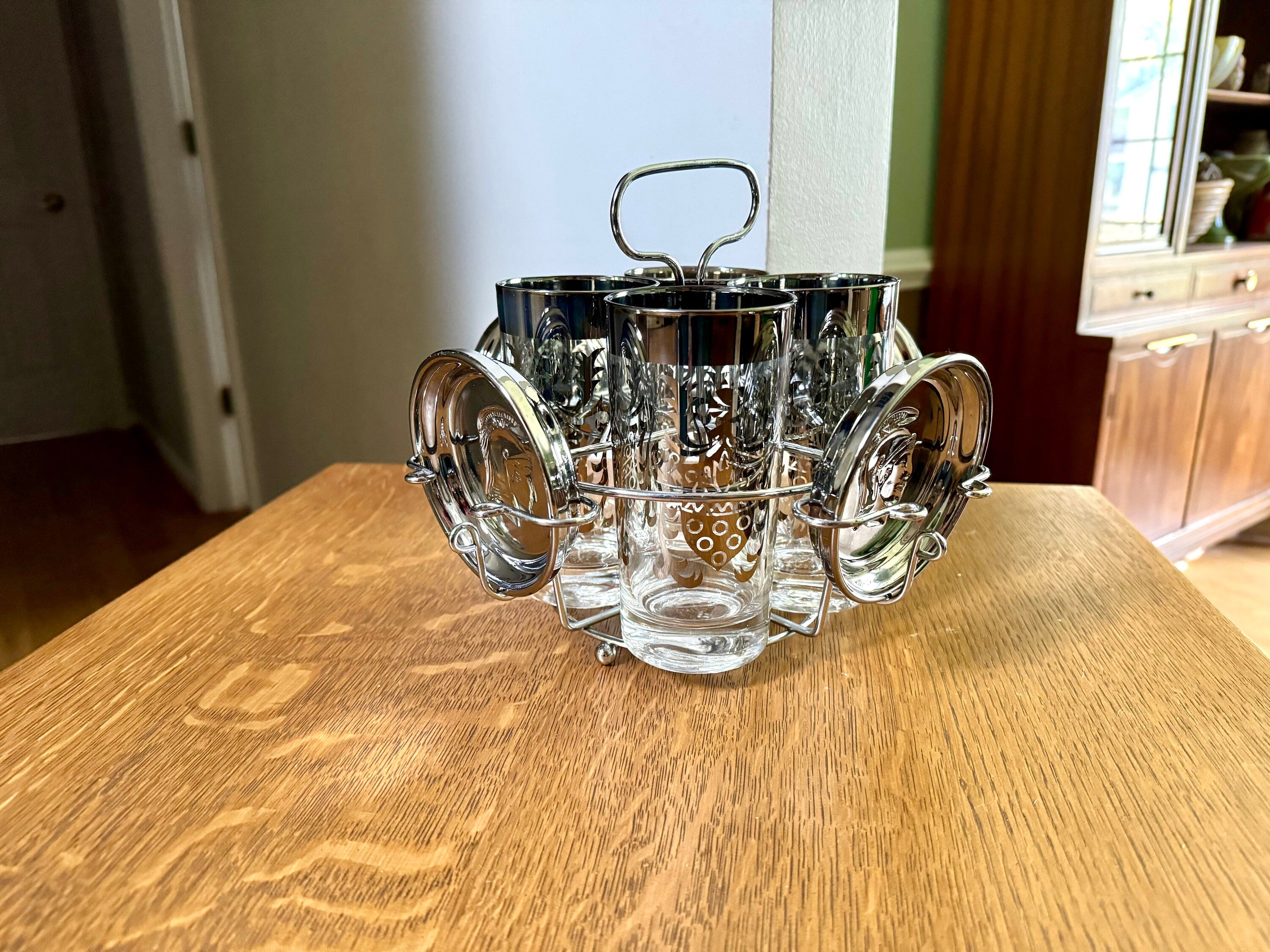 Kimiko Highball Glasses Coasters and Caddy | Mid Century Platinum Scroll Pattern Glasses By Guardian Glass | MCM Highball Glasses with Caddy