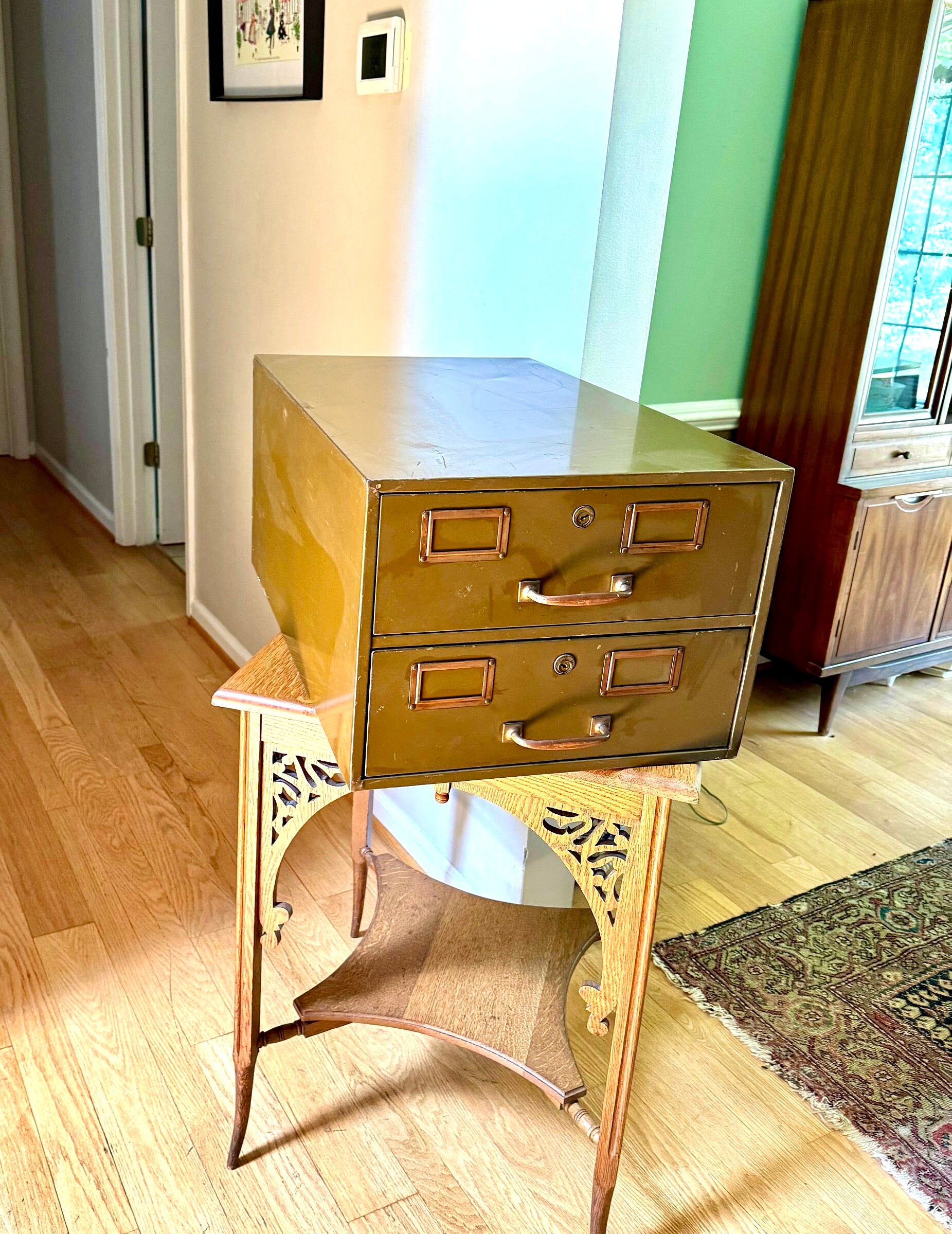 Vintage Rustic Large Industrial Filing Cabinet | Green Metal Index Card Cabinet | Two Drawer Storage | Industrial Storage Bin | File Cabinet