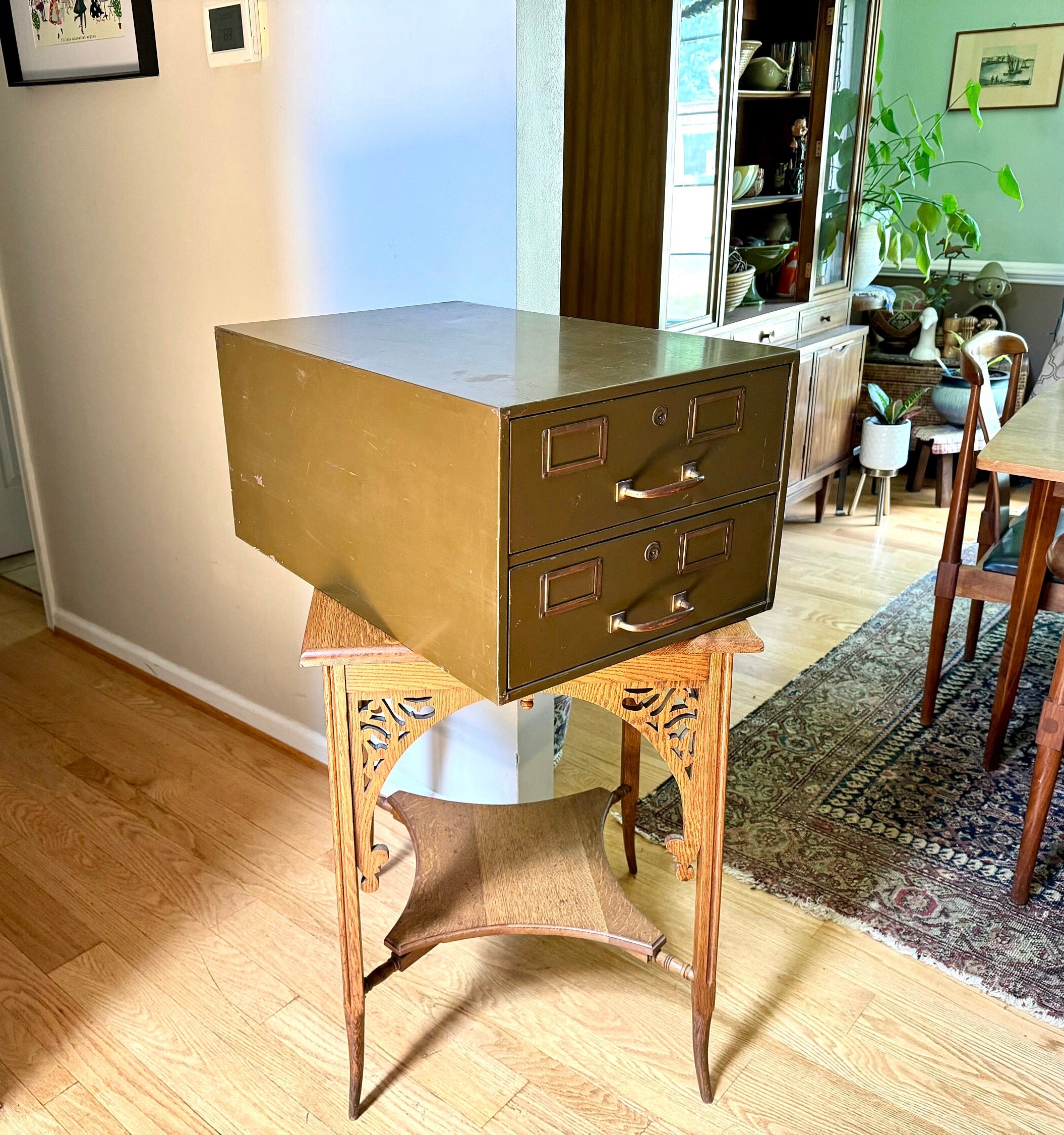 Vintage Rustic Large Industrial Filing Cabinet | Green Metal Index Card Cabinet | Two Drawer Storage | Industrial Storage Bin | File Cabinet