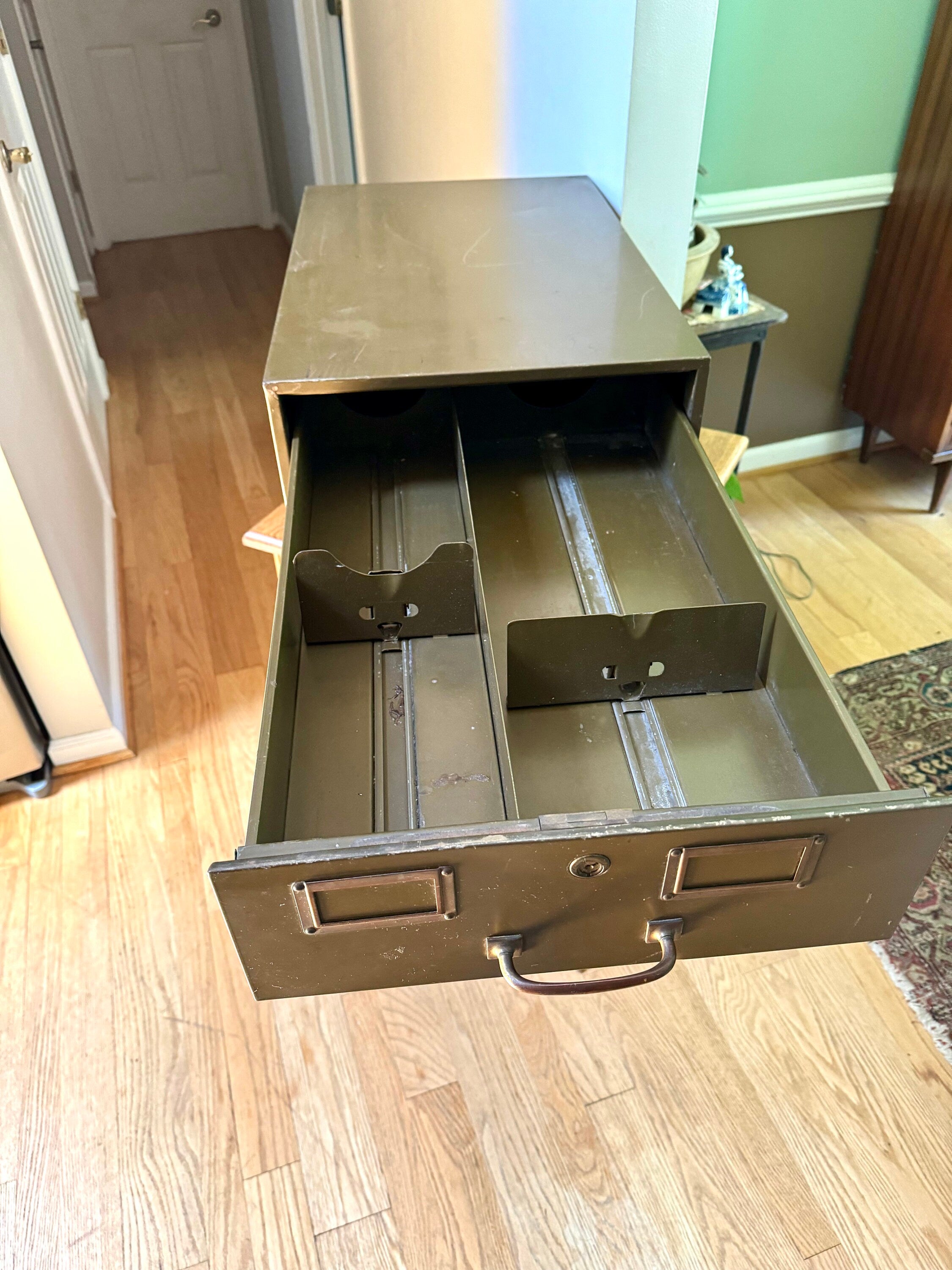 Vintage Rustic Large Industrial Filing Cabinet | Green Metal Index Card Cabinet | Two Drawer Storage | Industrial Storage Bin | File Cabinet