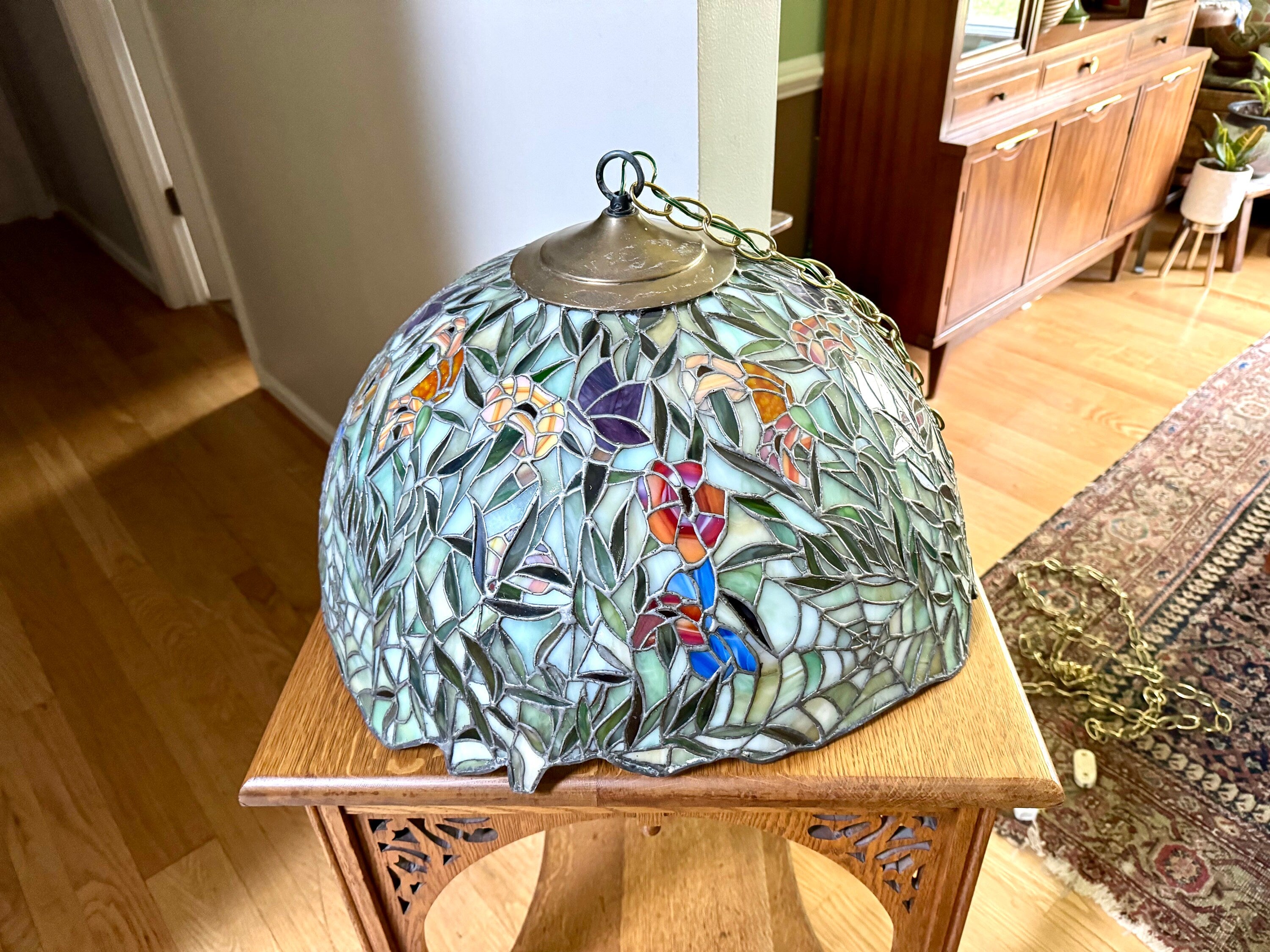 Vintage Large Lead Stained Glass Chandelier | HT Tiffany Style Cob Web Stained Glass Hanging Lamp | 23" Stained Glass Floral Pendant Lamp