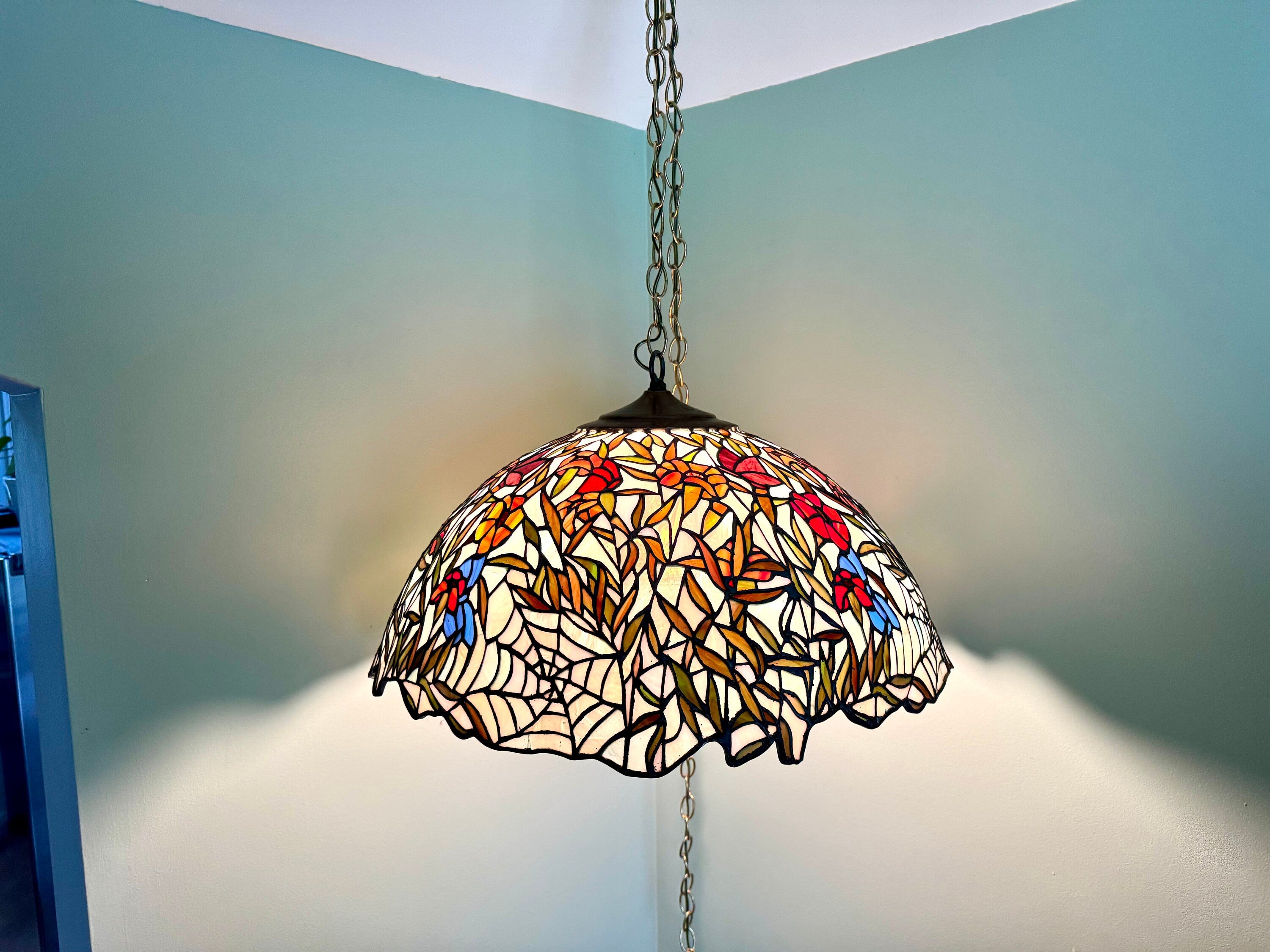 Vintage Large Lead Stained Glass Chandelier | HT Tiffany Style Cob Web Stained Glass Hanging Lamp | 23" Stained Glass Floral Pendant Lamp