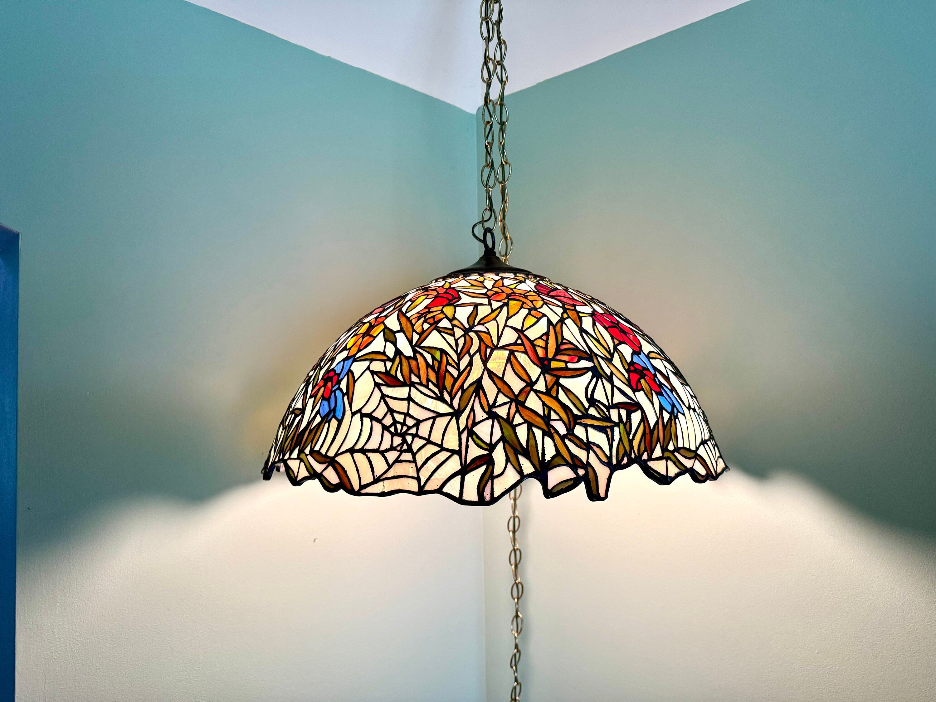Vintage Large Lead Stained Glass Chandelier | HT Tiffany Style Cob Web Stained Glass Hanging Lamp | 23" Stained Glass Floral Pendant Lamp