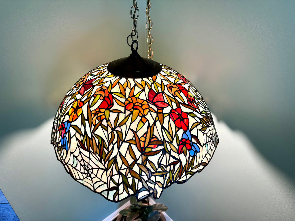 Vintage Large Lead Stained Glass Chandelier | HT Tiffany Style Cob Web Stained Glass Hanging Lamp | 23" Stained Glass Floral Pendant Lamp