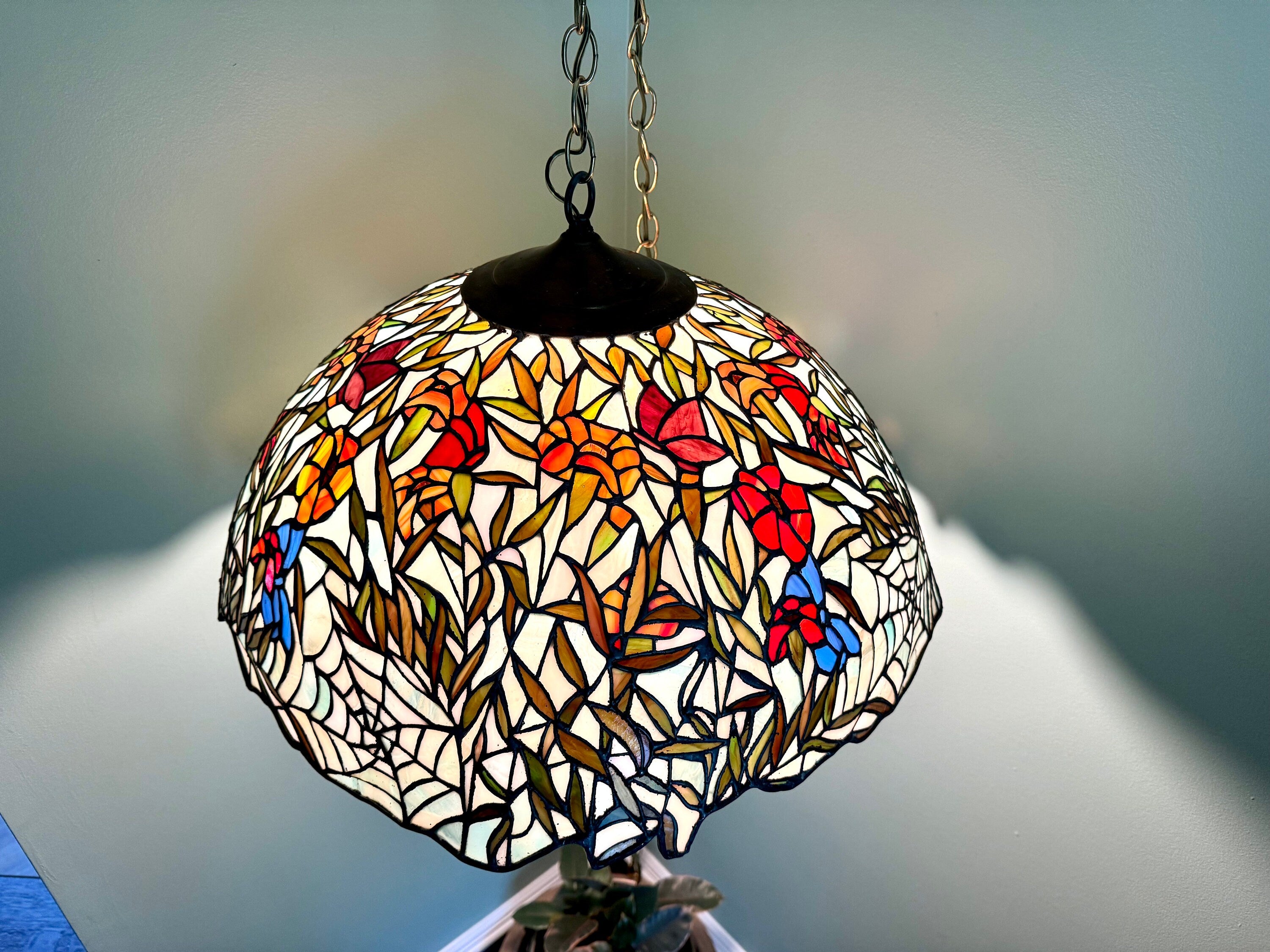 Vintage Large Lead Stained Glass Chandelier | HT Tiffany Style Cob Web Stained Glass Hanging Lamp | 23" Stained Glass Floral Pendant Lamp