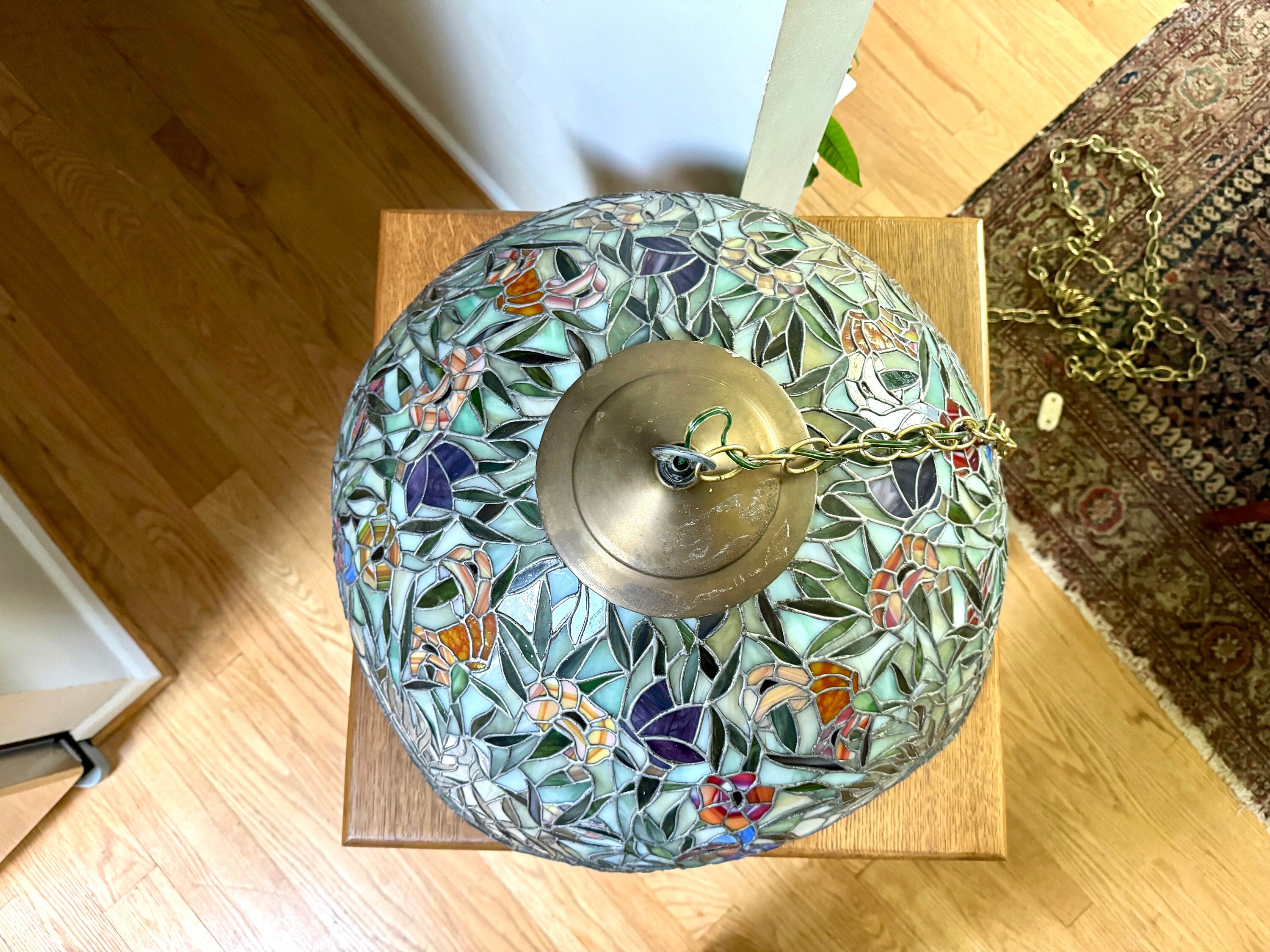 Vintage Large Lead Stained Glass Chandelier | HT Tiffany Style Cob Web Stained Glass Hanging Lamp | 23" Stained Glass Floral Pendant Lamp