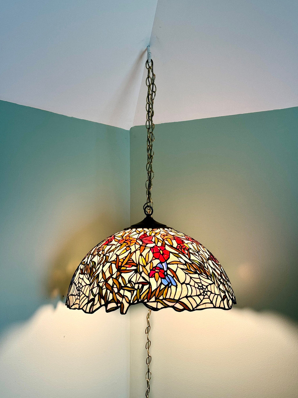 Vintage Large Lead Stained Glass Chandelier | HT Tiffany Style Cob Web Stained Glass Hanging Lamp | 23" Stained Glass Floral Pendant Lamp