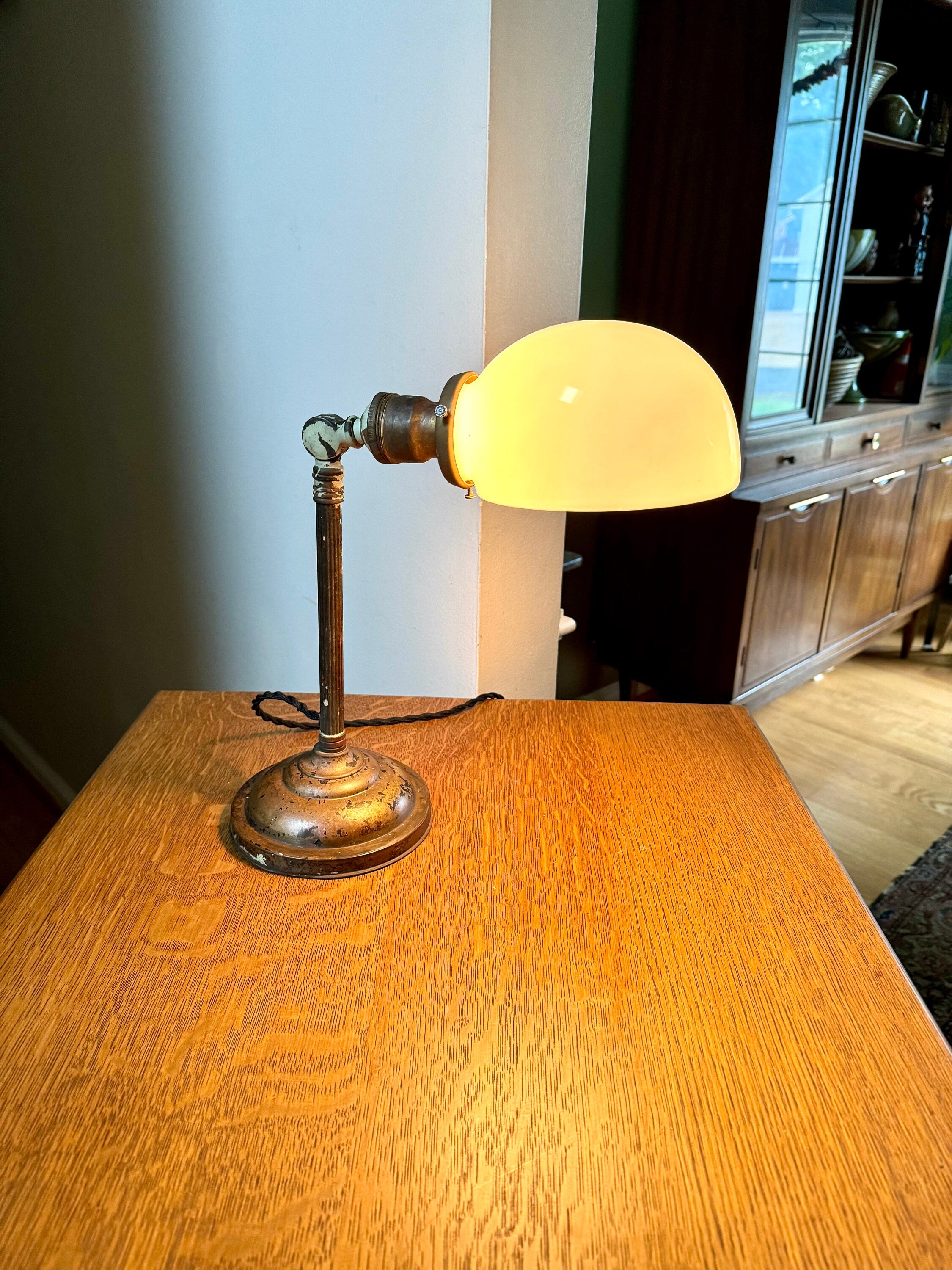 Vintage Industrial Art Decor Lamp | Industrial Pillar Lamp | Rustic Desk Lamp| MIlk Glass Desk Lamp| Distressed Art Deco Lamp | Rewired Lamp