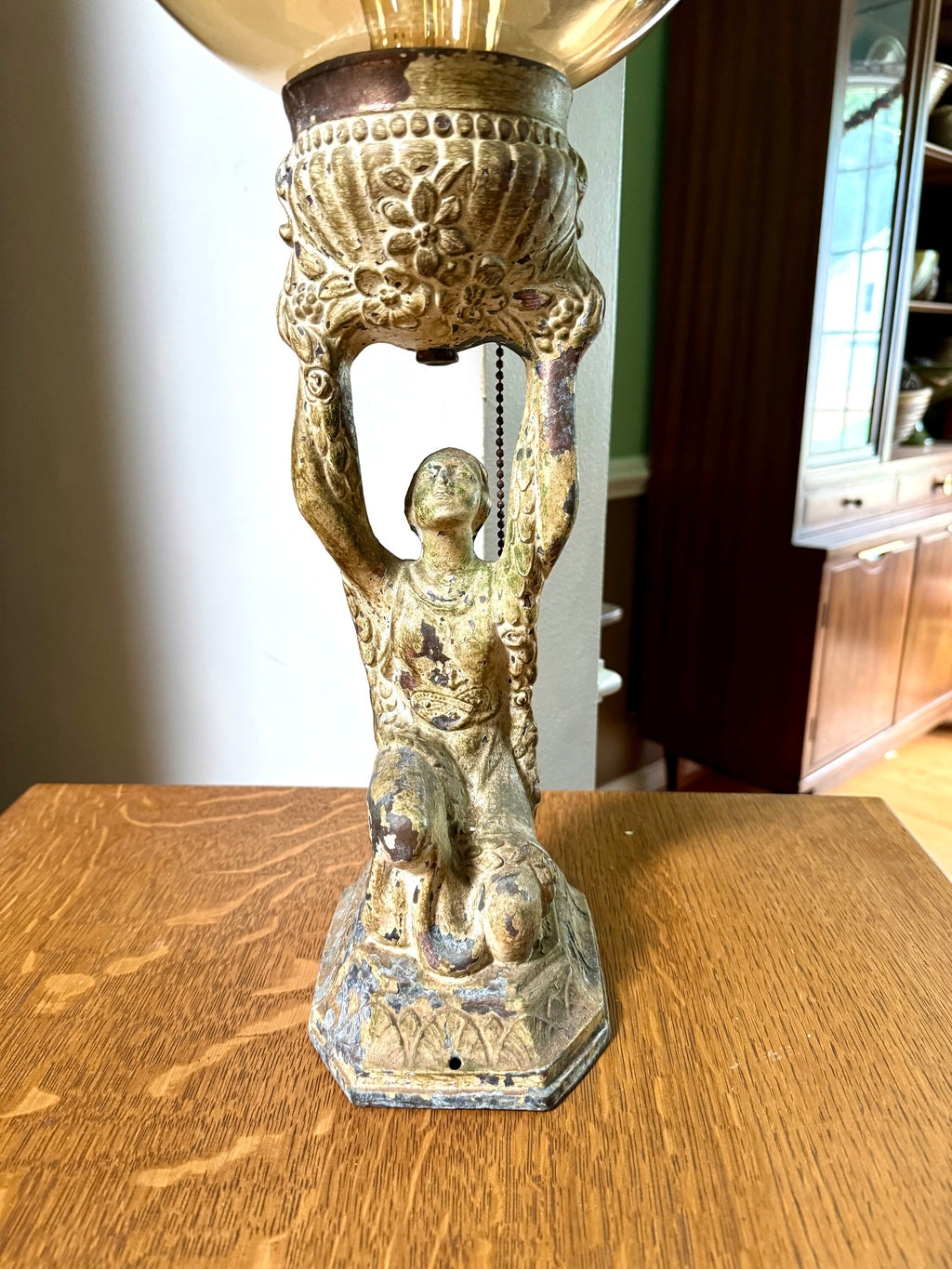 Antique Distressed Joan Of Arc Lamp | Art Deco Lady Lamp | Distressed Finish Joan Of Arc Globe Lamp | Bronze Lady Lamp