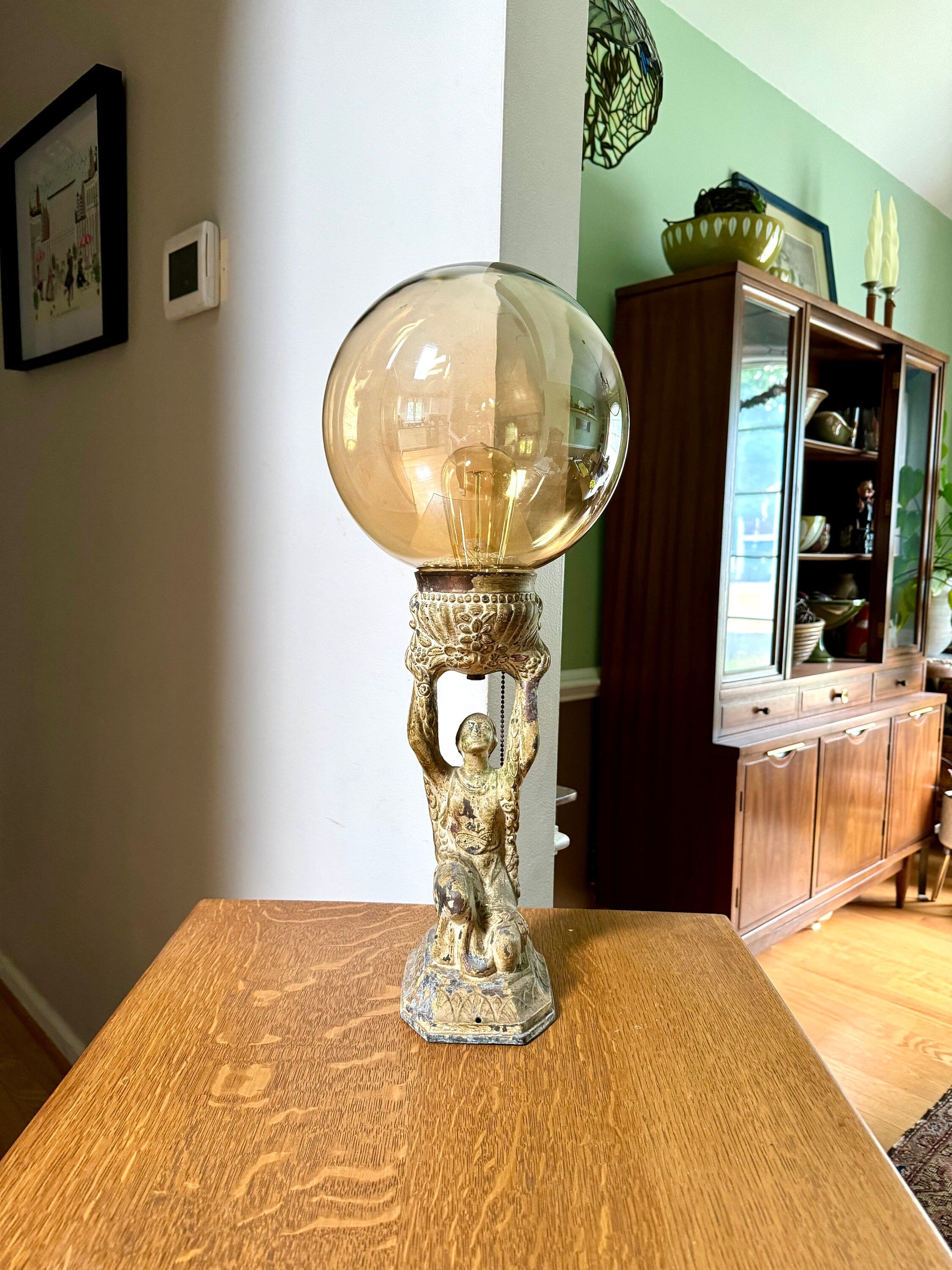 Antique Distressed Joan Of Arc Lamp | Art Deco Lady Lamp | Distressed Finish Joan Of Arc Globe Lamp | Bronze Lady Lamp