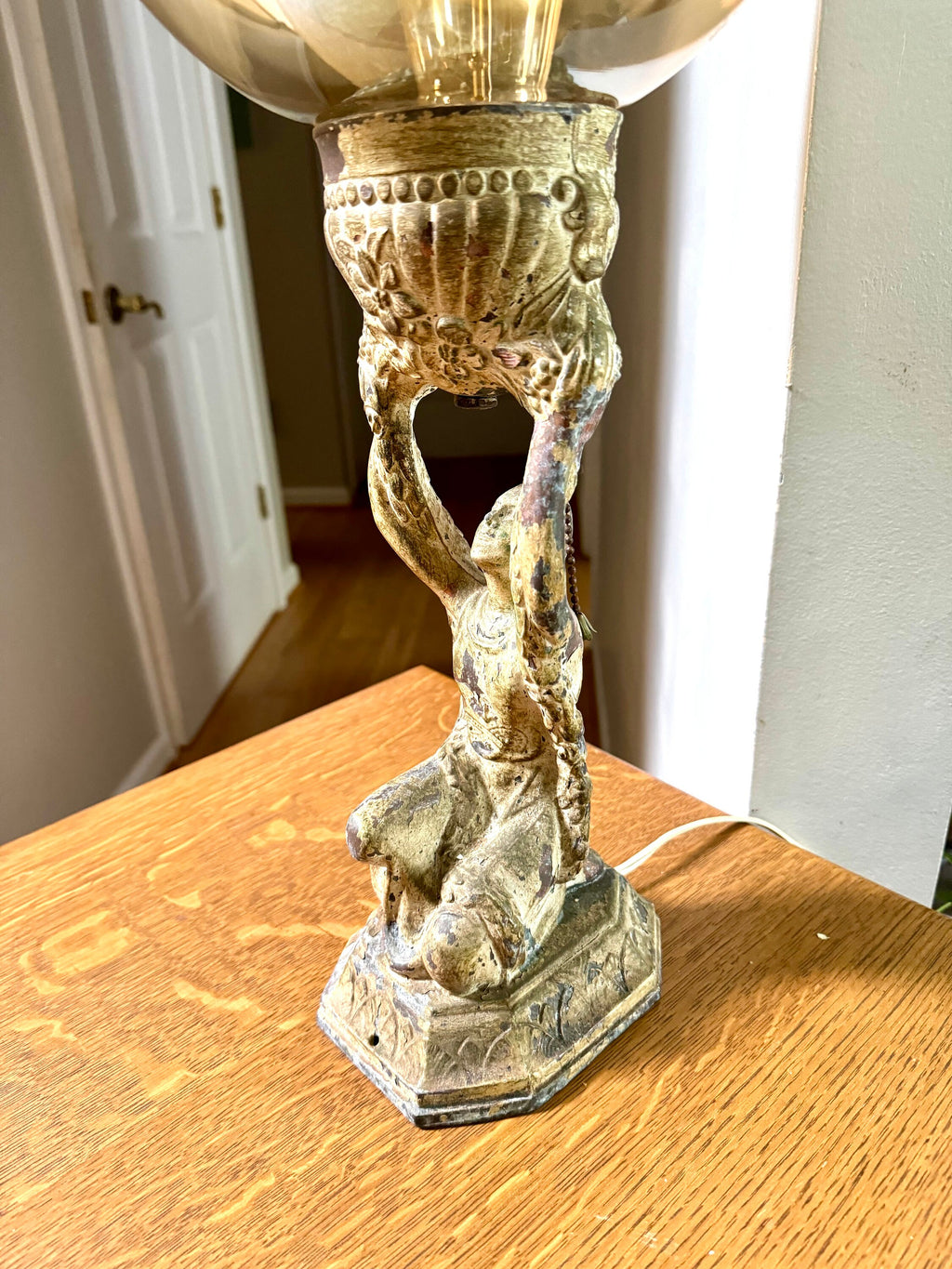 Antique Distressed Joan Of Arc Lamp | Art Deco Lady Lamp | Distressed Finish Joan Of Arc Globe Lamp | Bronze Lady Lamp