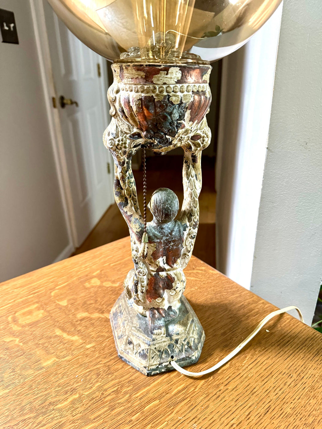 Antique Distressed Joan Of Arc Lamp | Art Deco Lady Lamp | Distressed Finish Joan Of Arc Globe Lamp | Bronze Lady Lamp