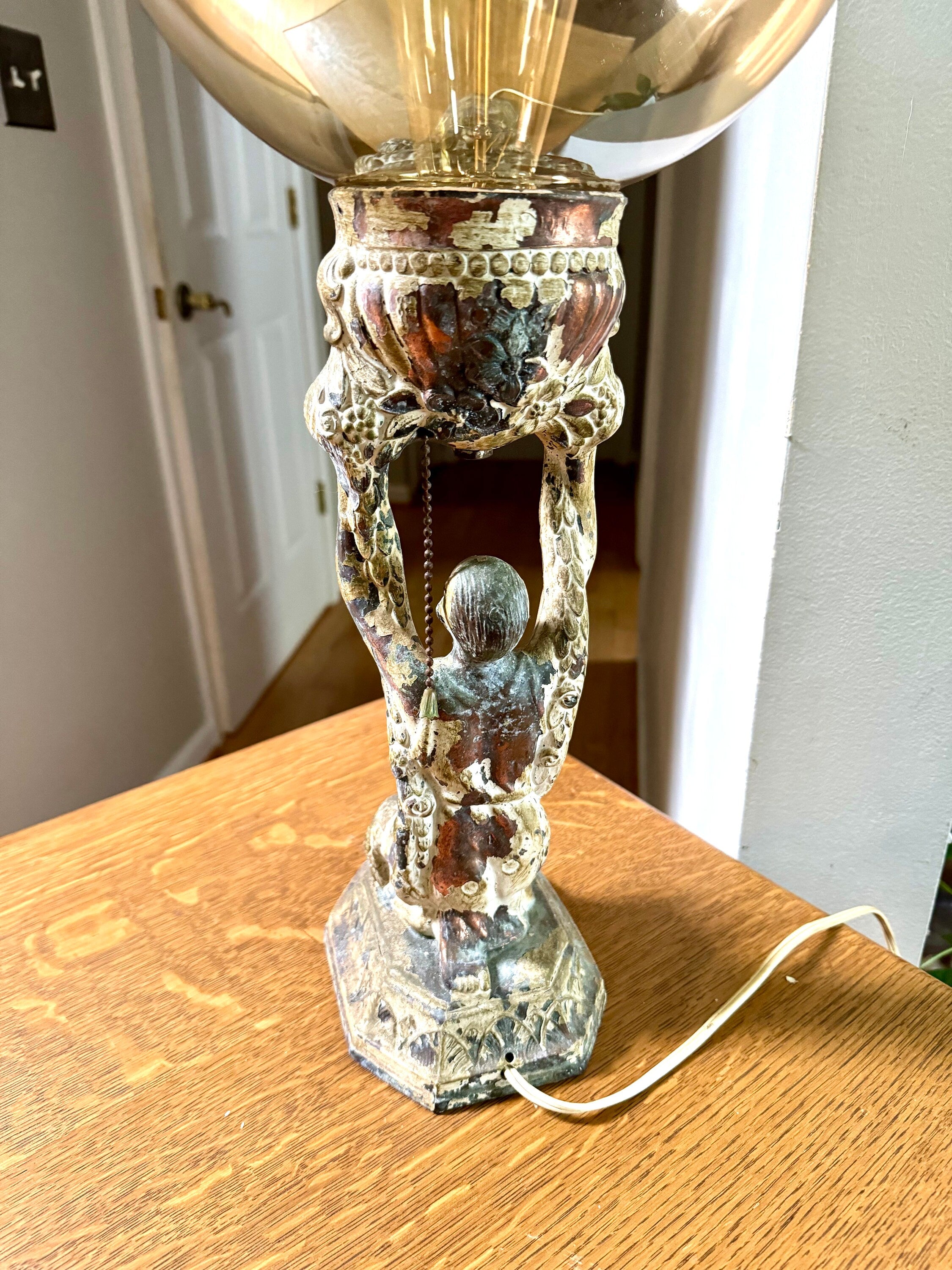 Antique Distressed Joan Of Arc Lamp | Art Deco Lady Lamp | Distressed Finish Joan Of Arc Globe Lamp | Bronze Lady Lamp