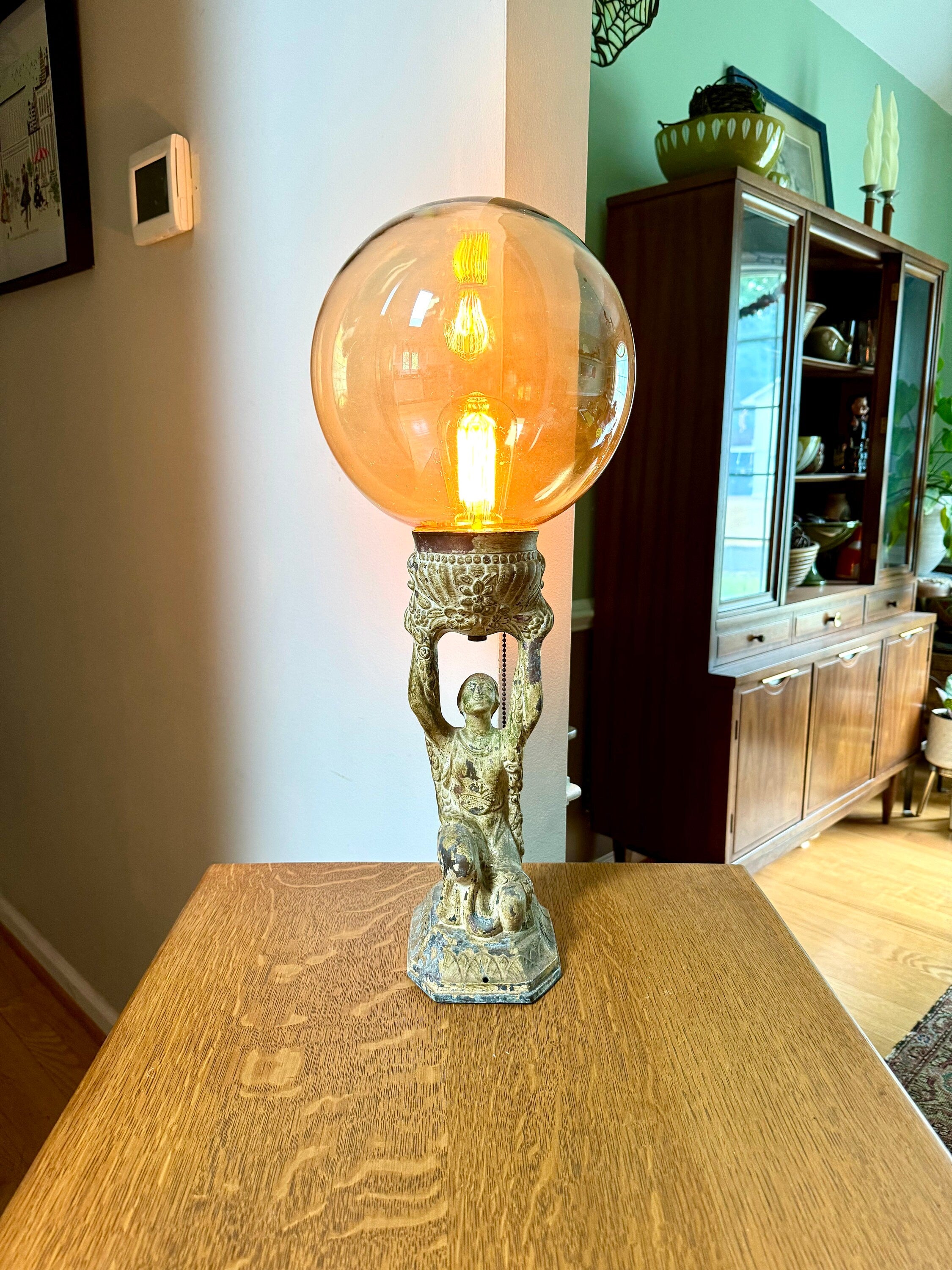 Antique Distressed Joan Of Arc Lamp | Art Deco Lady Lamp | Distressed Finish Joan Of Arc Globe Lamp | Bronze Lady Lamp