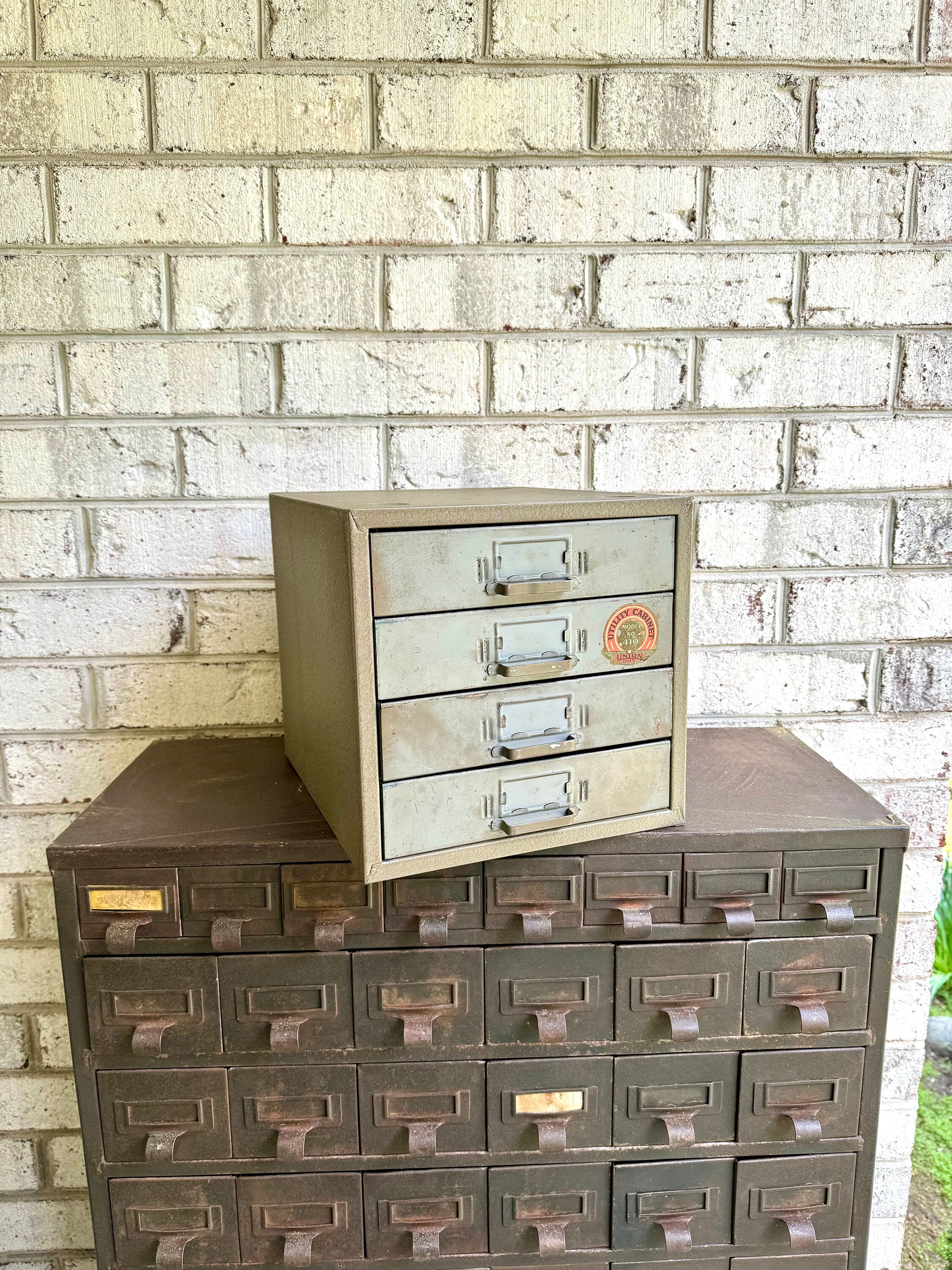 Vtg Rustic Union Cabinet | Rustic Metal 4 Drawer Desktop Organizer| Industrial Union Chest 410 | 4 Drawer Parts Bin