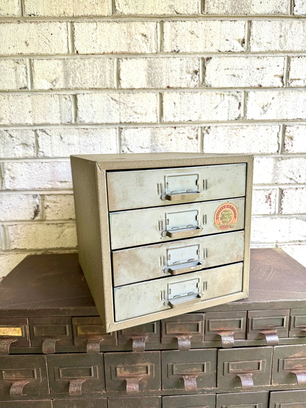 Vtg Rustic Union Cabinet | Rustic Metal 4 Drawer Desktop Organizer| Industrial Union Chest 410 | 4 Drawer Parts Bin